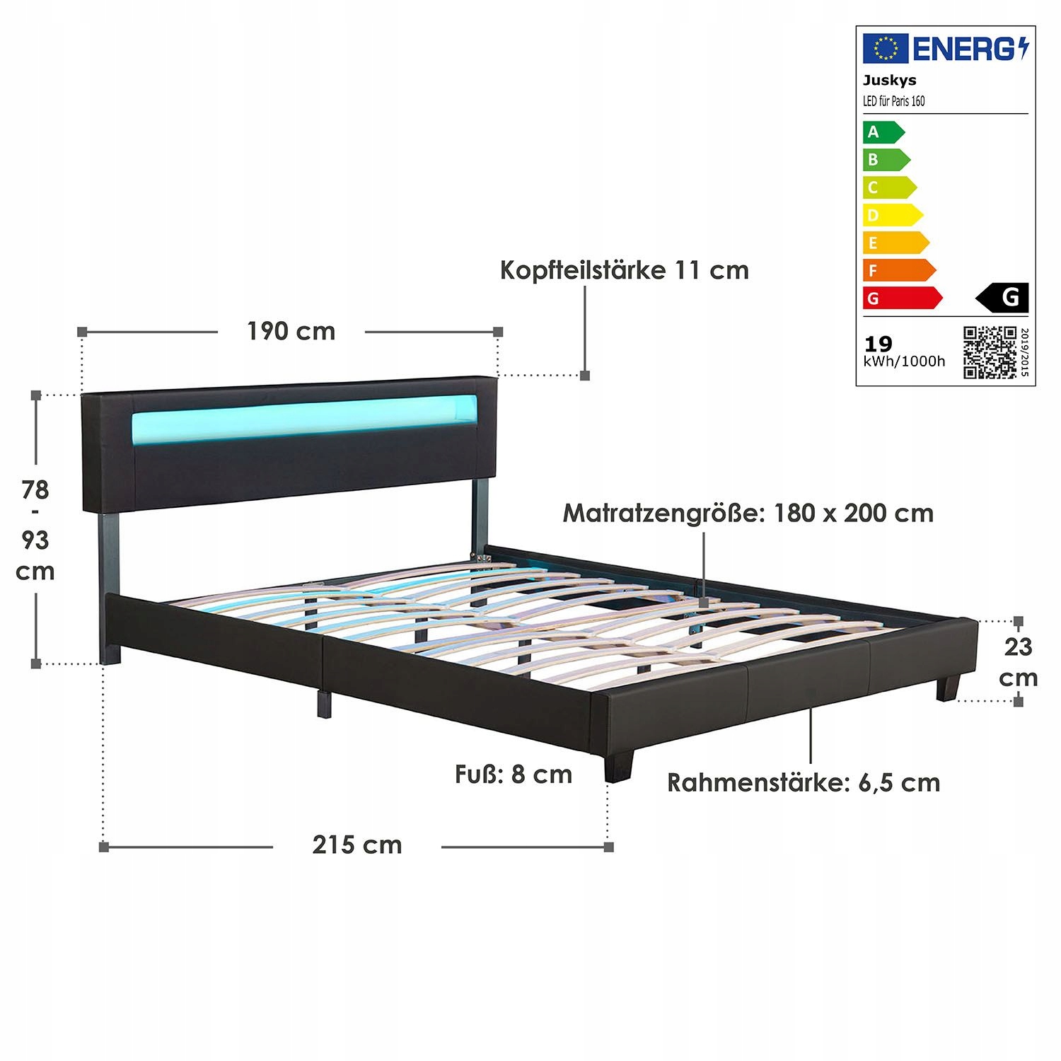 616 Łóżko tapicerowane stelaż LED 180x200 PARI RGB Kolor mebla czarny