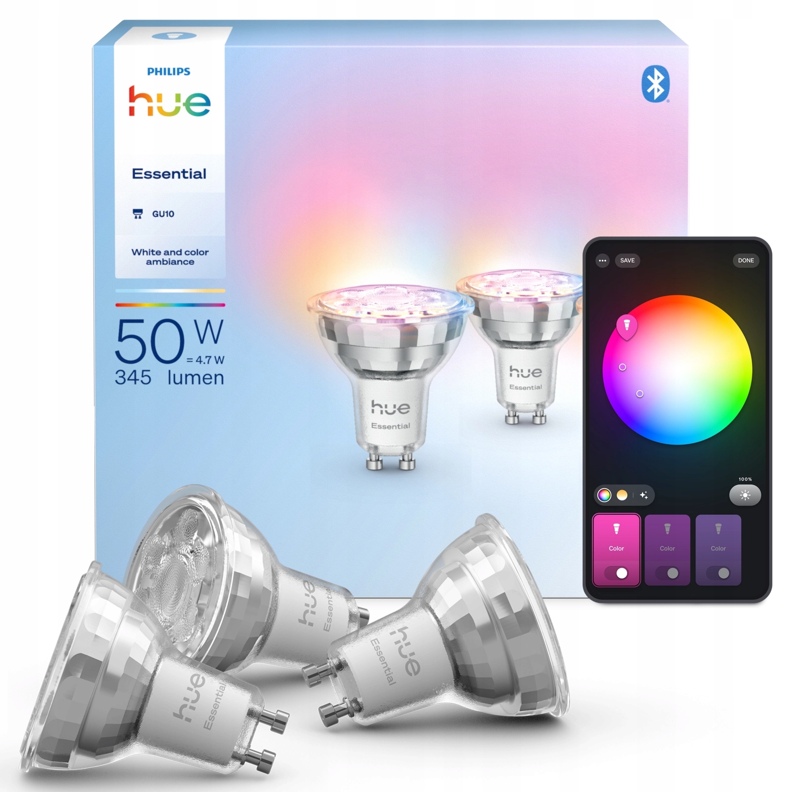Led žárovka GU10 4,7W 345lm Rgb Inteligentní Philips Hue Essential 3 ks