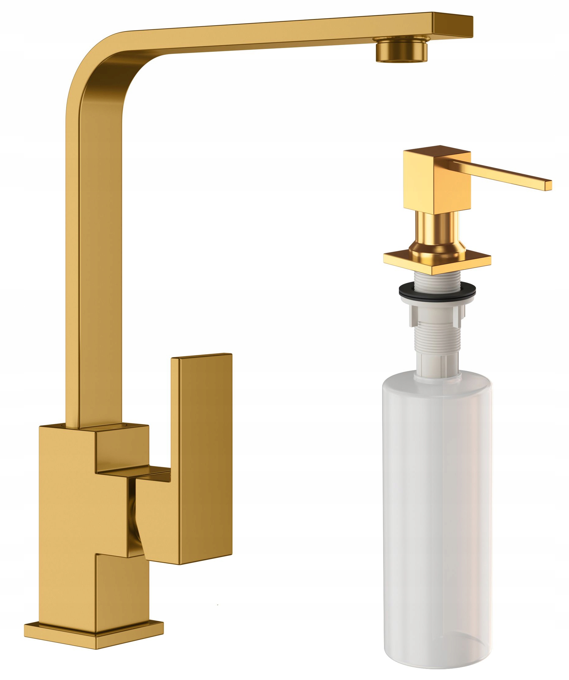 Kuchynská batéria Nook zlatá so štvorcovým dávkovačom saponátu do drezu