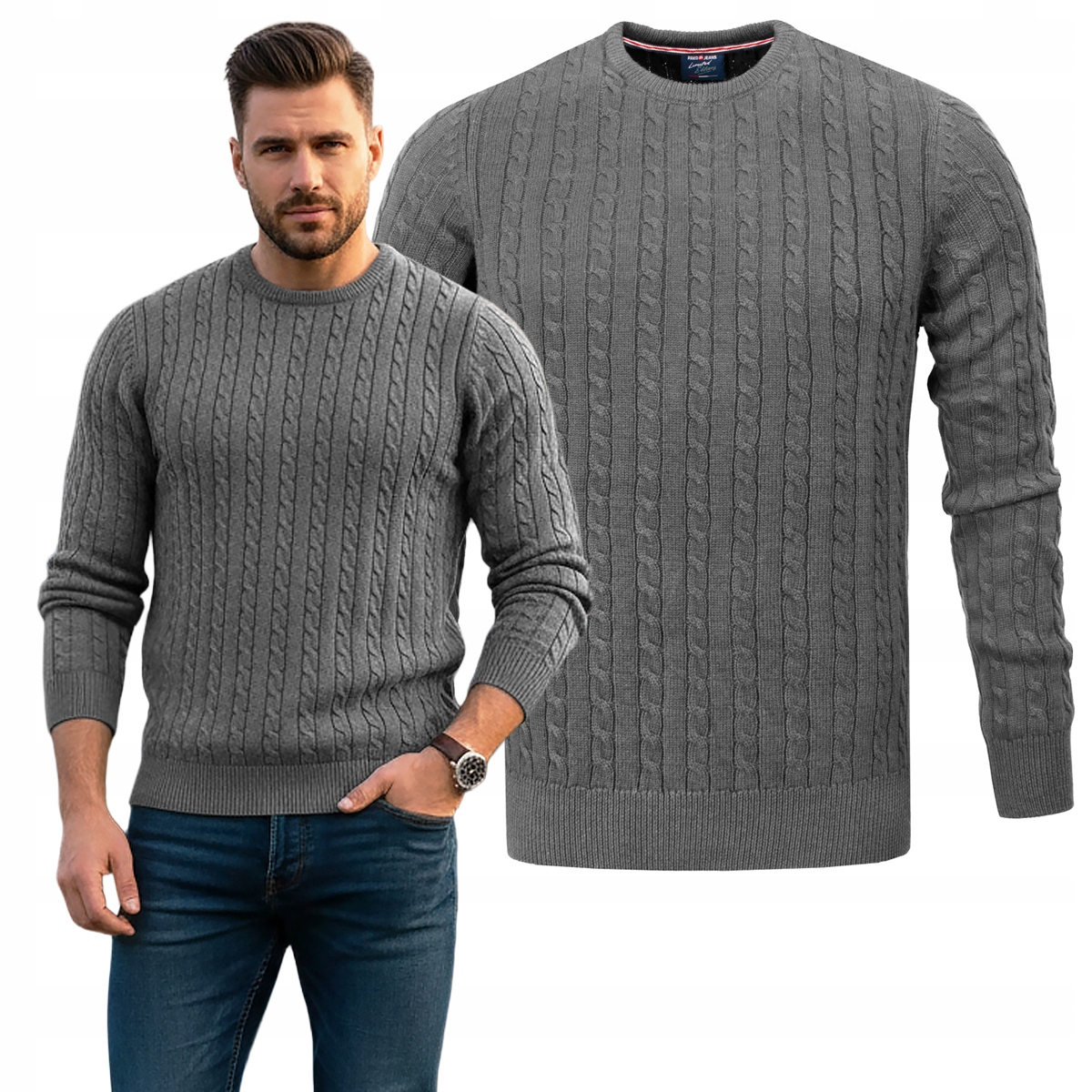 Teplý a módní pánský svetr Tmavě Šedý s bavlněnými copánky Pako Jeans