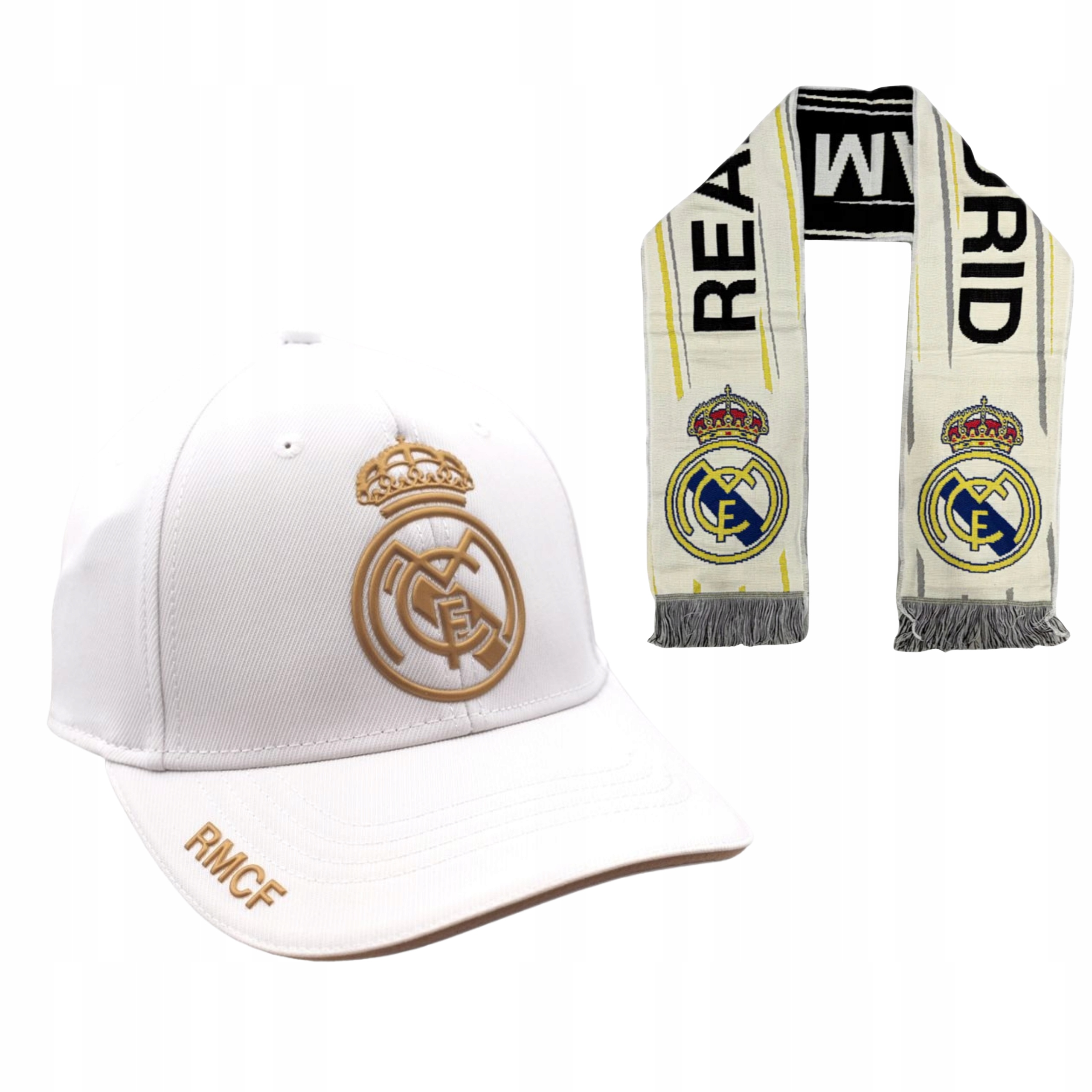 Zestaw dla kibica biała czapka z daszkiem i szalik Real Madryt