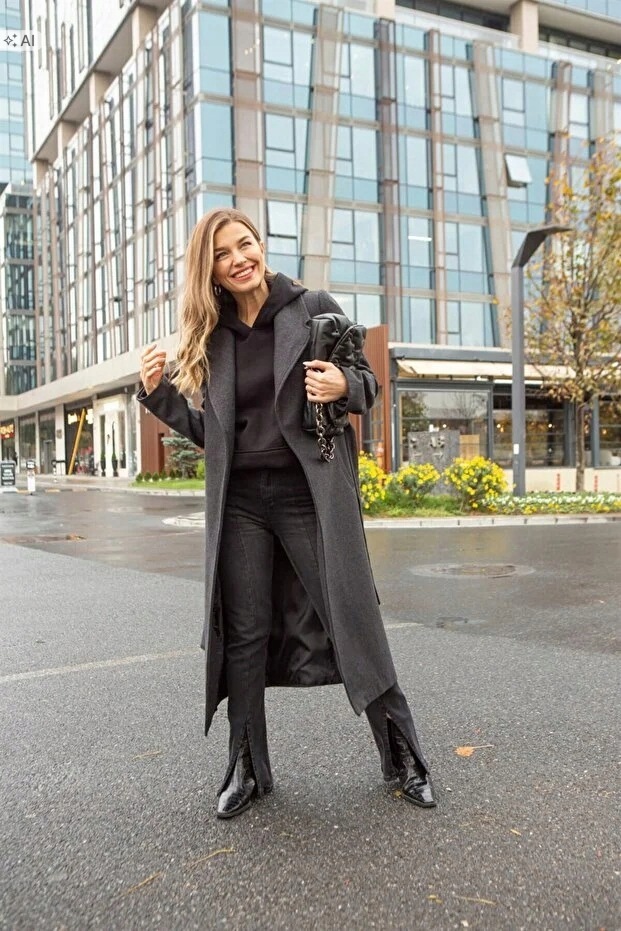 Dlouhý Černý Vlněný Kabát S Elegantním Stylem XL 5IA