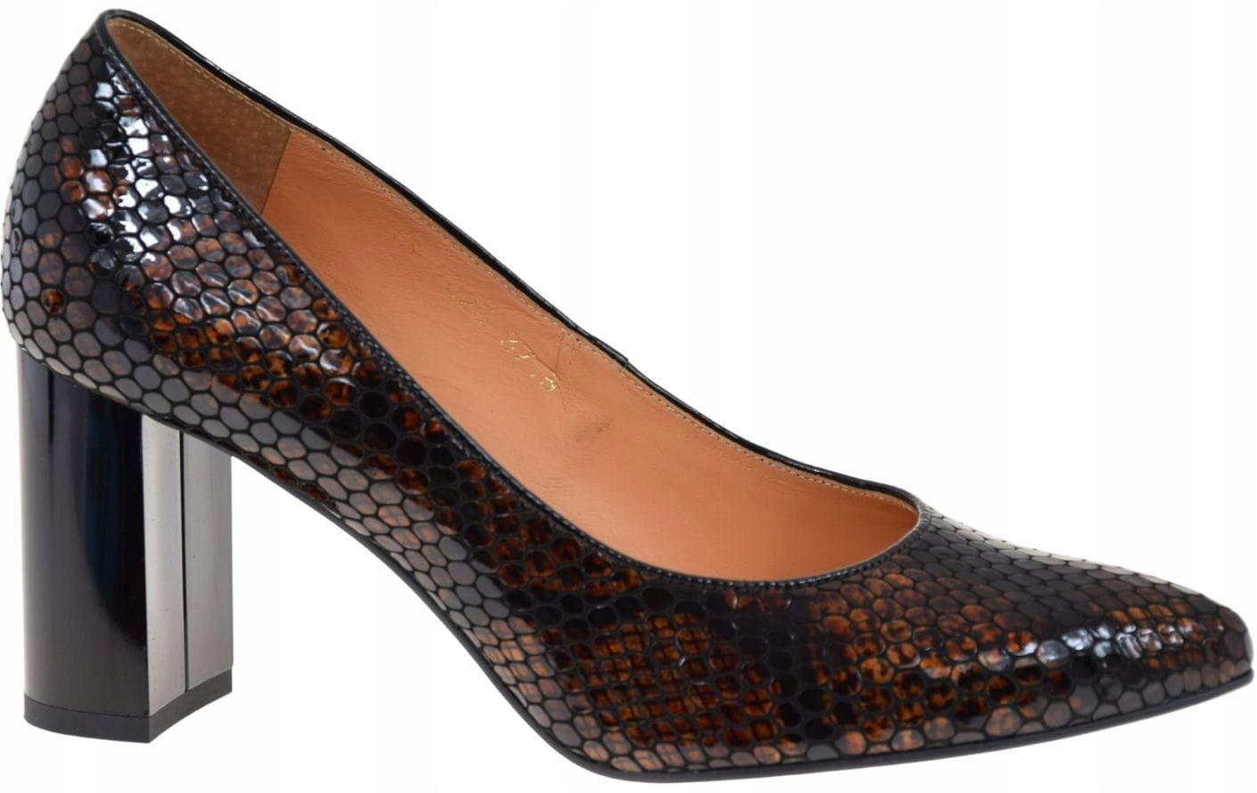 Elegantní dámské kožené lodičky na podpatku s hnědým hadem Anis 7025 VEL.38