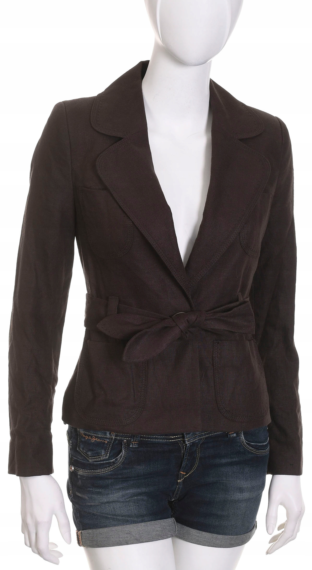 NEXT PETITE lniana marynarka damska brązowa żakiet 100% len 32 34