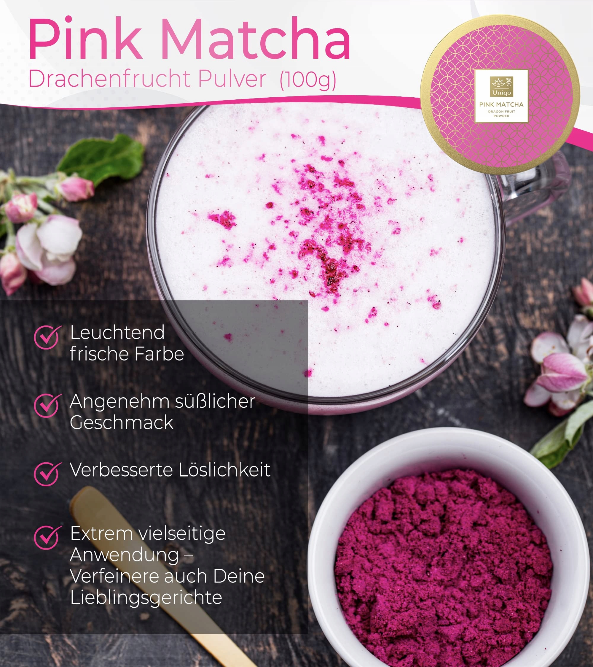 TEA UNIQO Różowa Matcha Proszek Pitaya Smoczy Owoc 200g Refill — miniatura 2