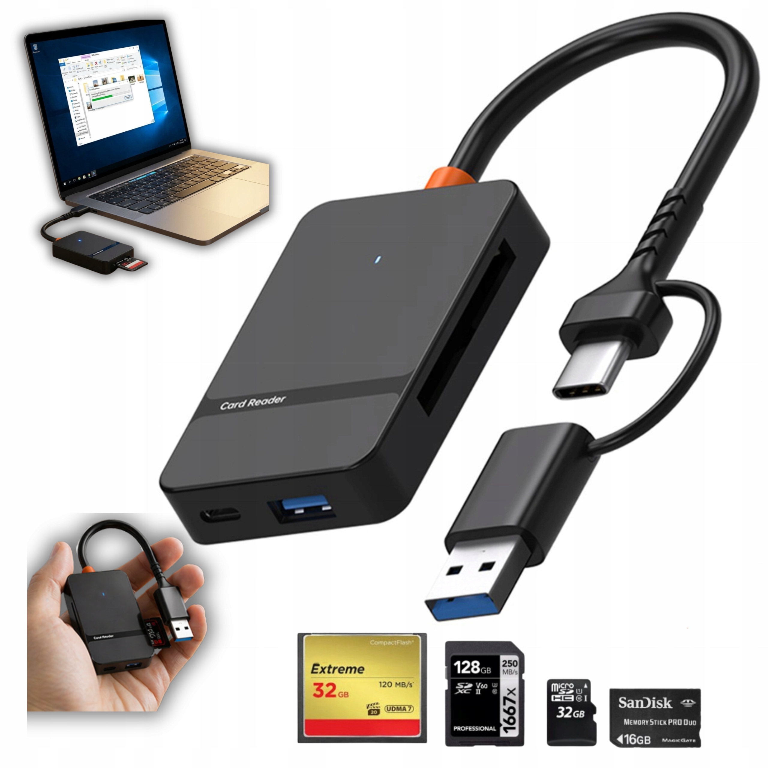 ADAPTER CZYTNIK KART SD/microSD CR MS USB-A 3.0, USB-C DO LAPTOPA TELEFONU