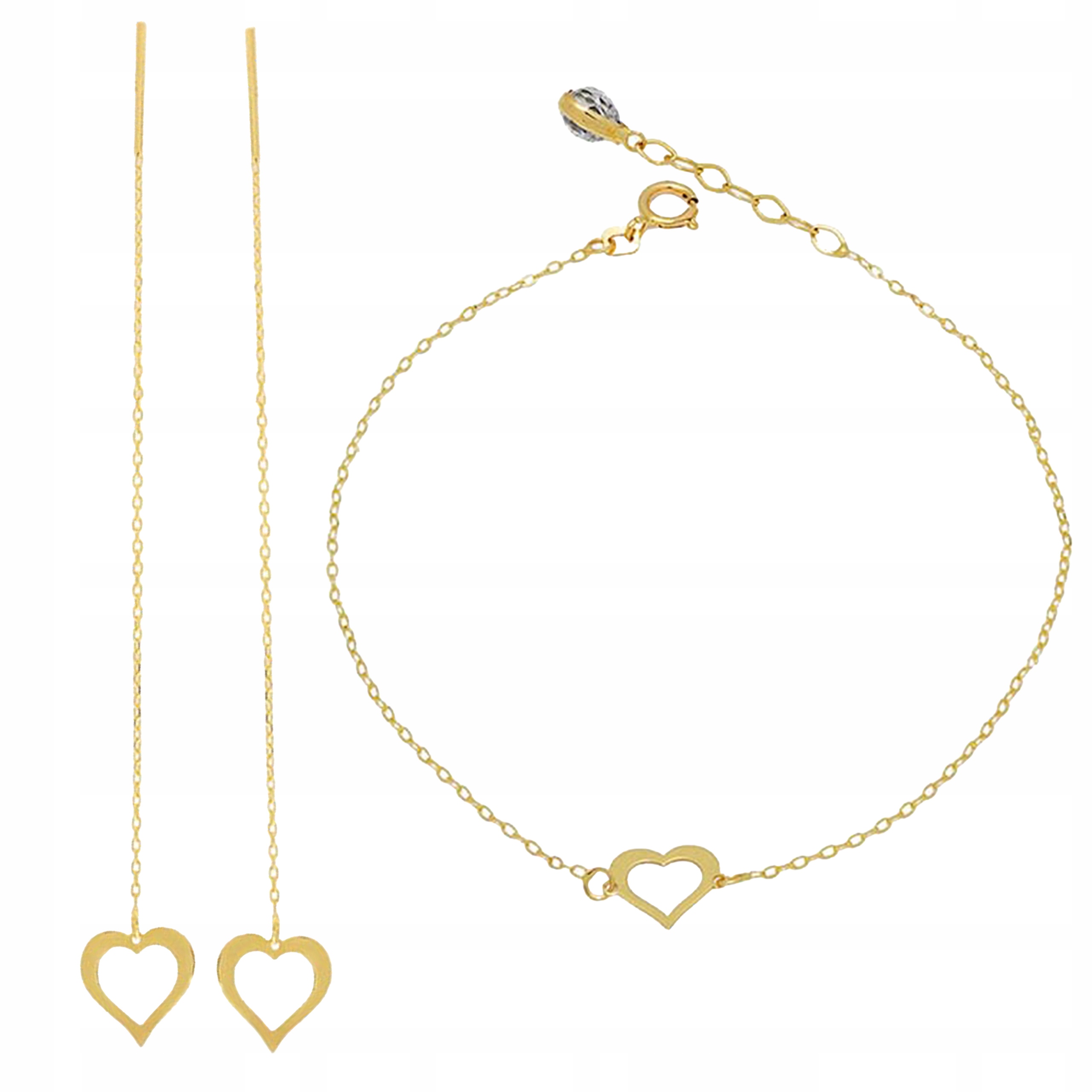 Zlatý komplet šperků 585, provlékací náušnice se srdcem na Valentýna