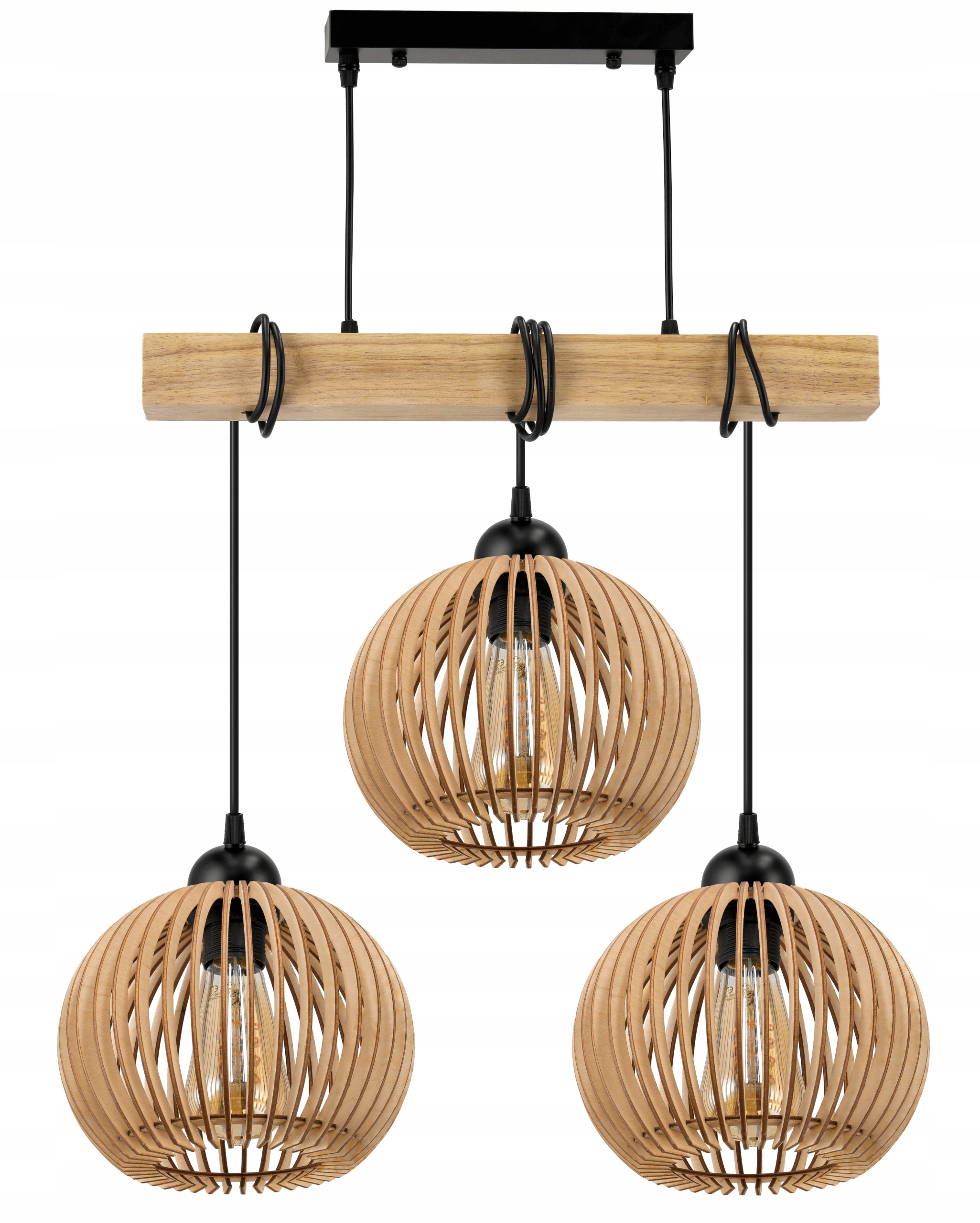 Lampa Sufitowa Wisząca Led Drewniana Belka 3x E27 Żyrandol Kula Gęsta Luca