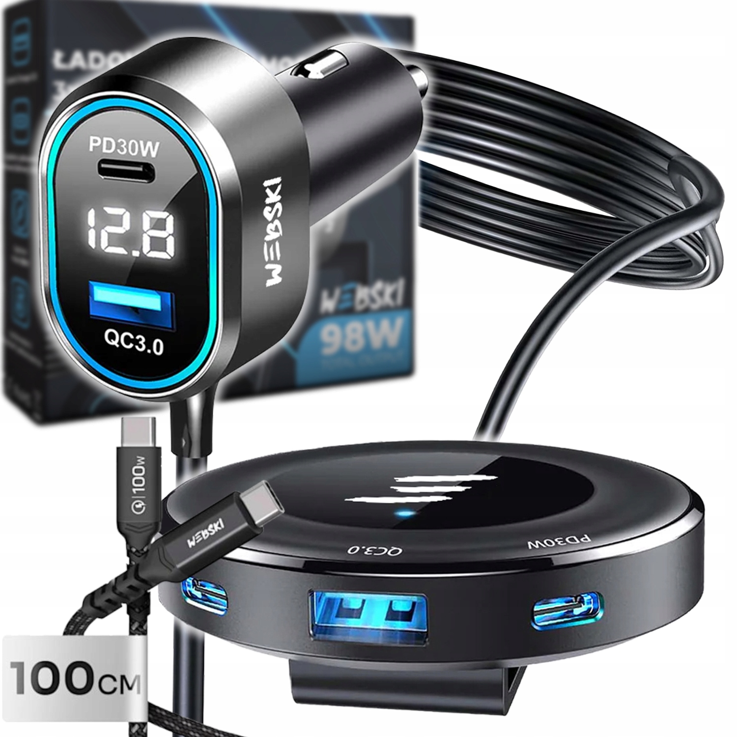 Extra Silná Automobilová Autonabíječka S Klipem 98W 2xUSB 3xUSB-C 100CM Kabel