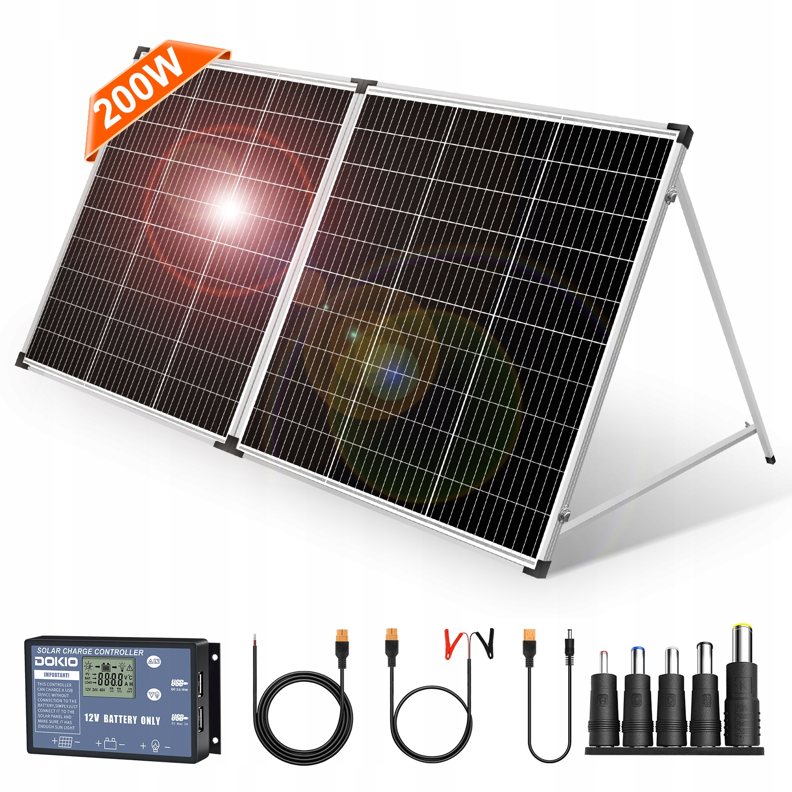 Skládací přenosný solární panel Dokio 200 W 12 V monokrystalický solární panel