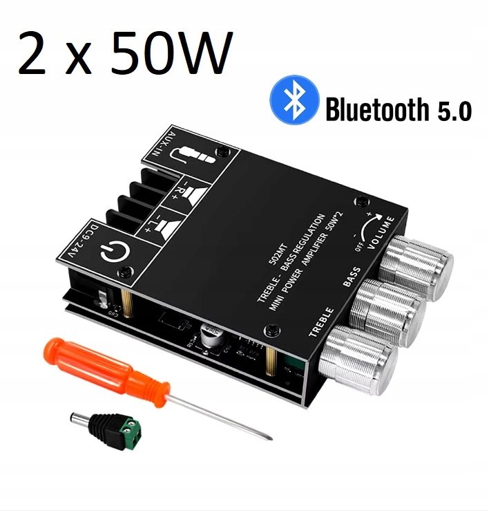 Wzmacniacz 2 x 50W regulacja basu i tonów BT