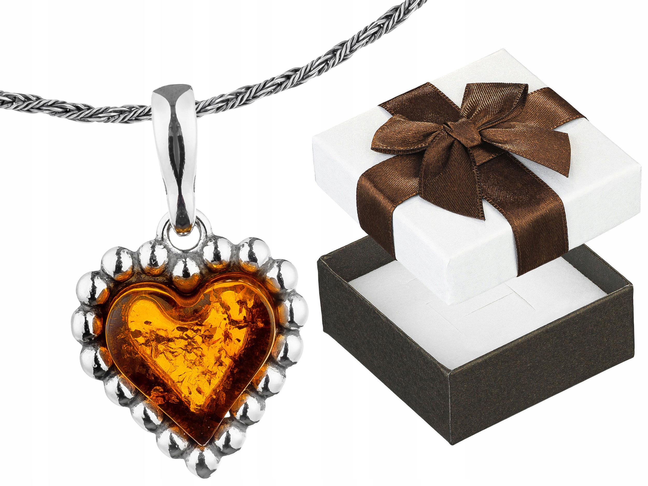 Dlouhý stříbrný oxidovaný dámský náhrdelník Srdce s jantarem Stříbro 75 cm