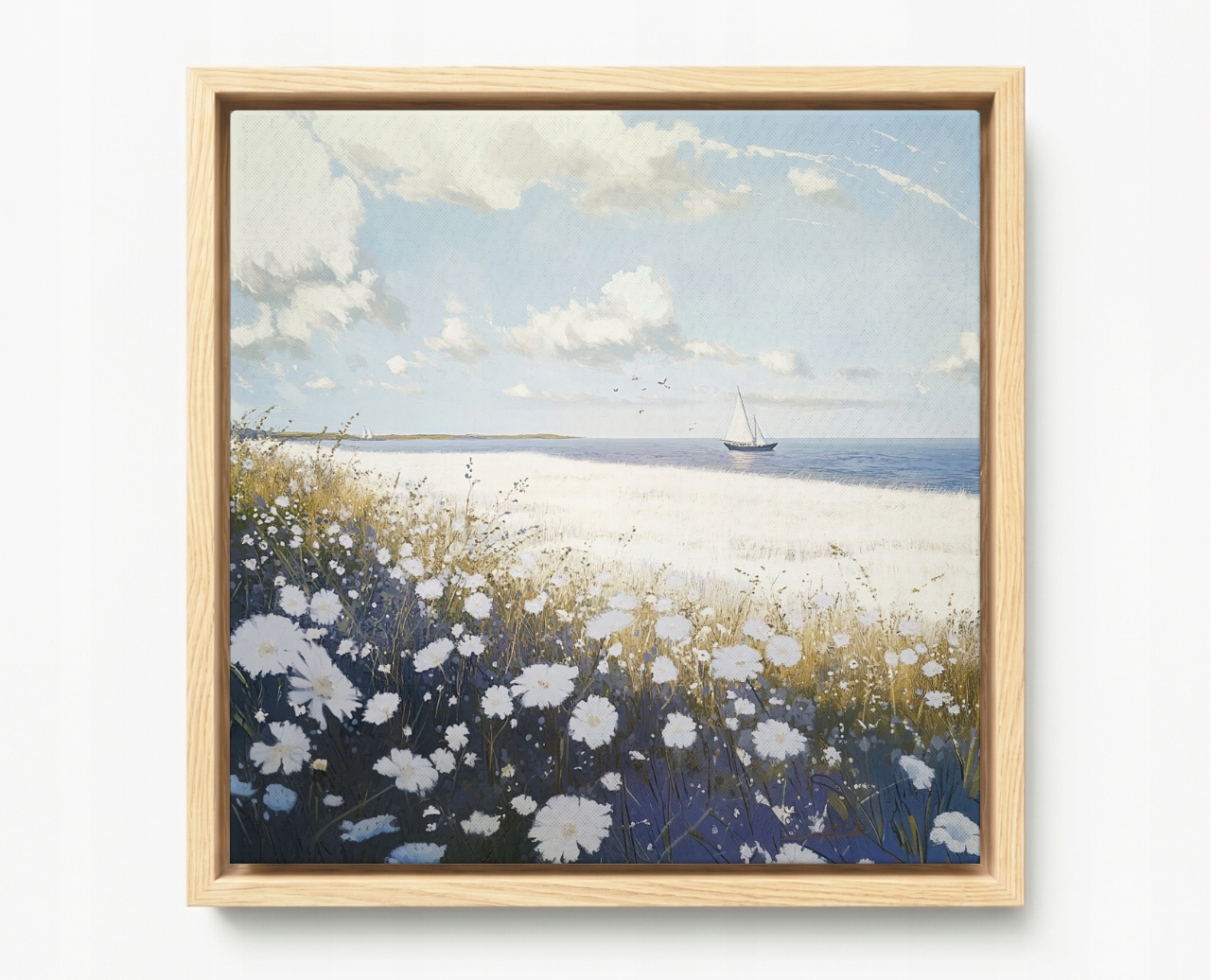 Obraz Rám Americká Krajina Pobřeží Pláž Louka Květiny Moře Loď 80x80