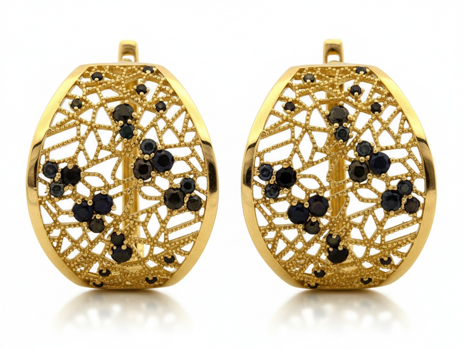 Dámské zlaté náušnice 585 velké ažurové anglické s černými zirkony