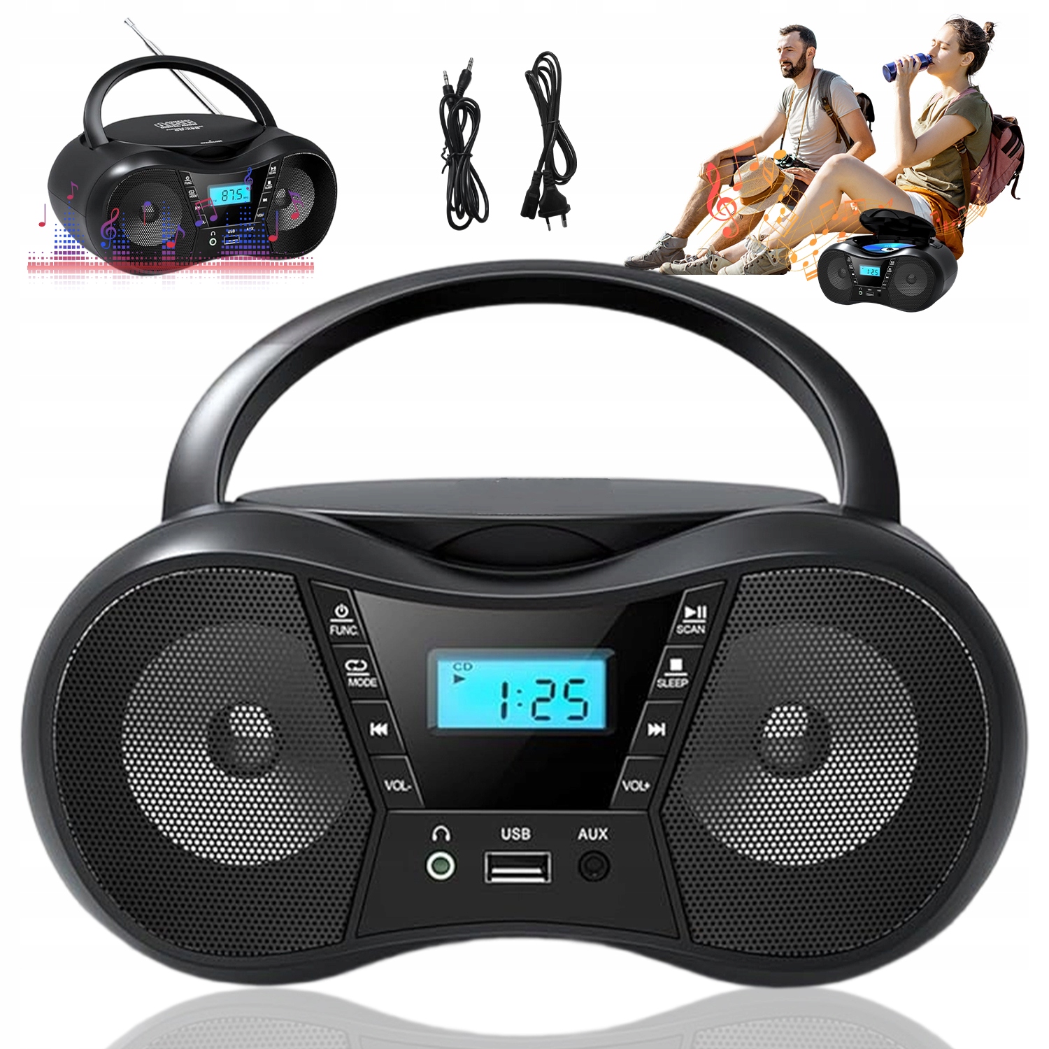 CD Přehrávač S Bluetooth Fm Rádio Usb Stereo, Černý, Přenosný