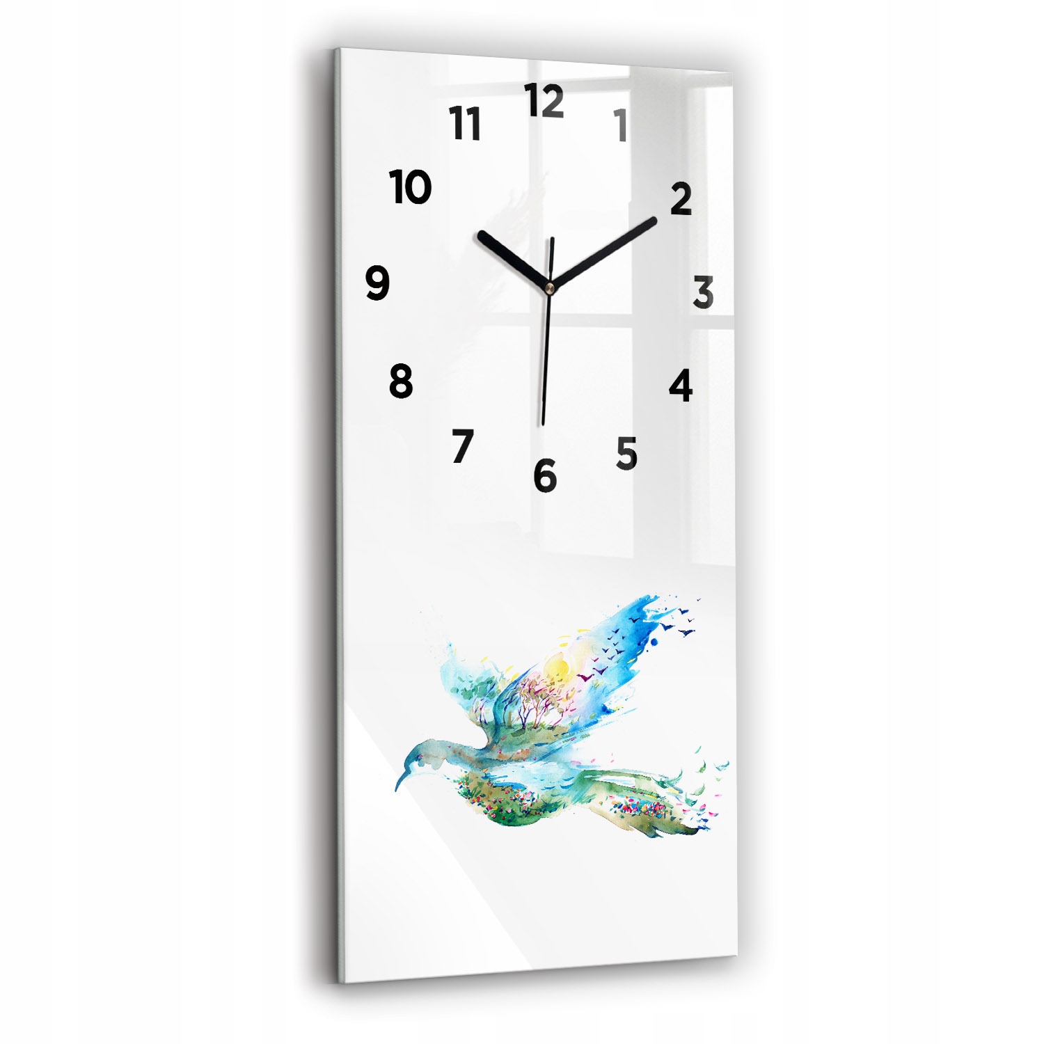 Nástěnné vertikální skleněné hodiny s grafikou Abstrakt ptáka a jara 30x60 cm