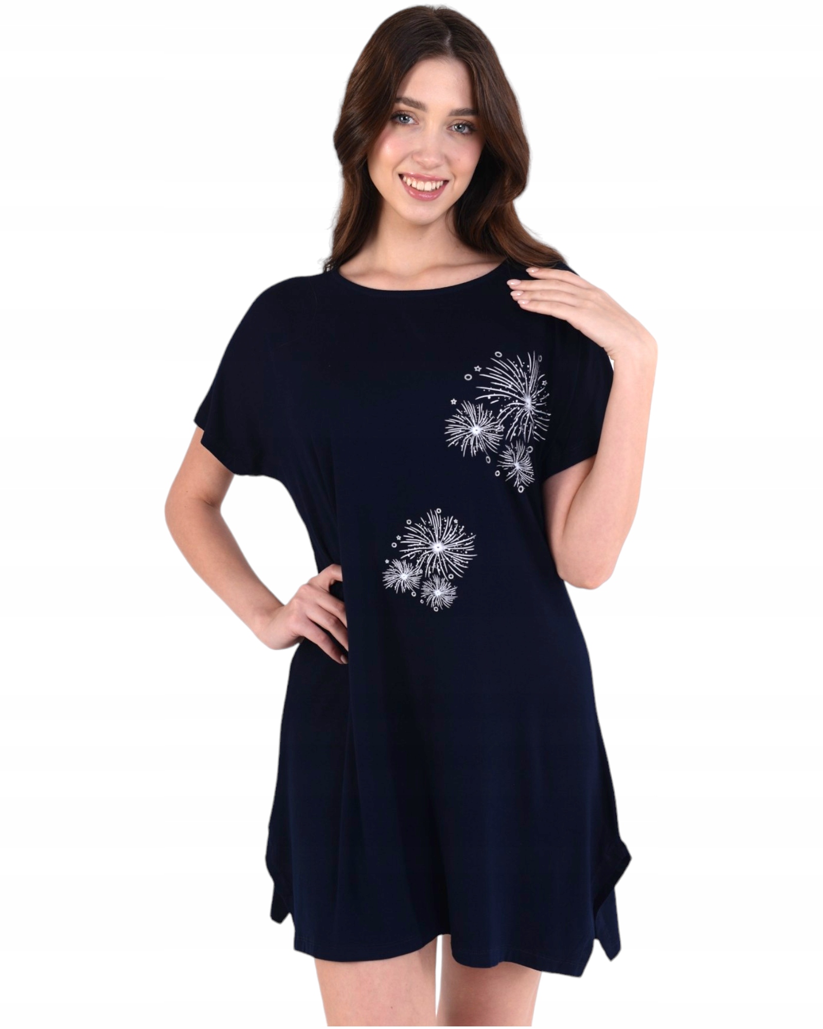 Piżama damska koszula nocna z krótkim rękawem przed kolano granatowa M Kolor niebieski