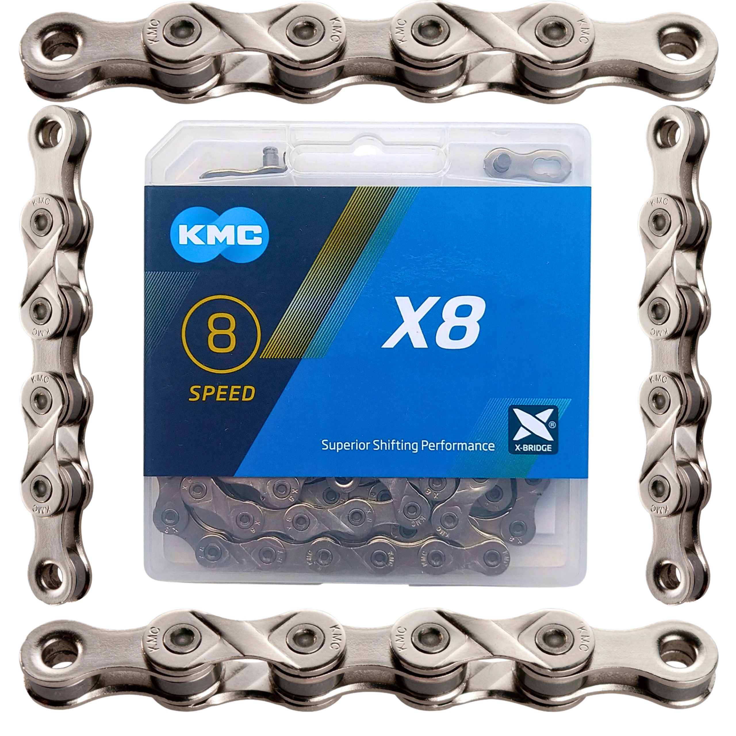 Srebrny łańcuch rowerowy Kmc X8 114 ogniw Box Wyższy Model Box