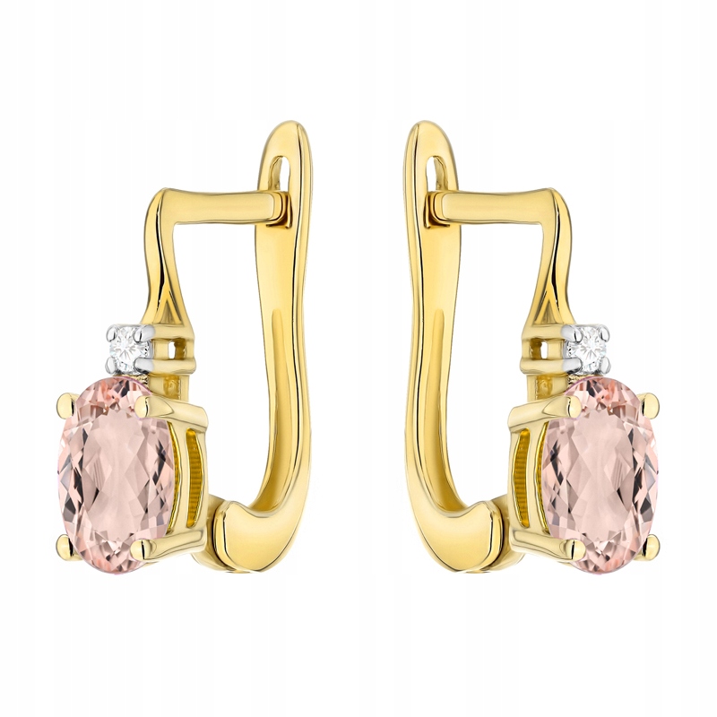 Złote Kolczyki Angielskie pr. 585 Owalny Morganit 0,80ct i Brylanty 14k