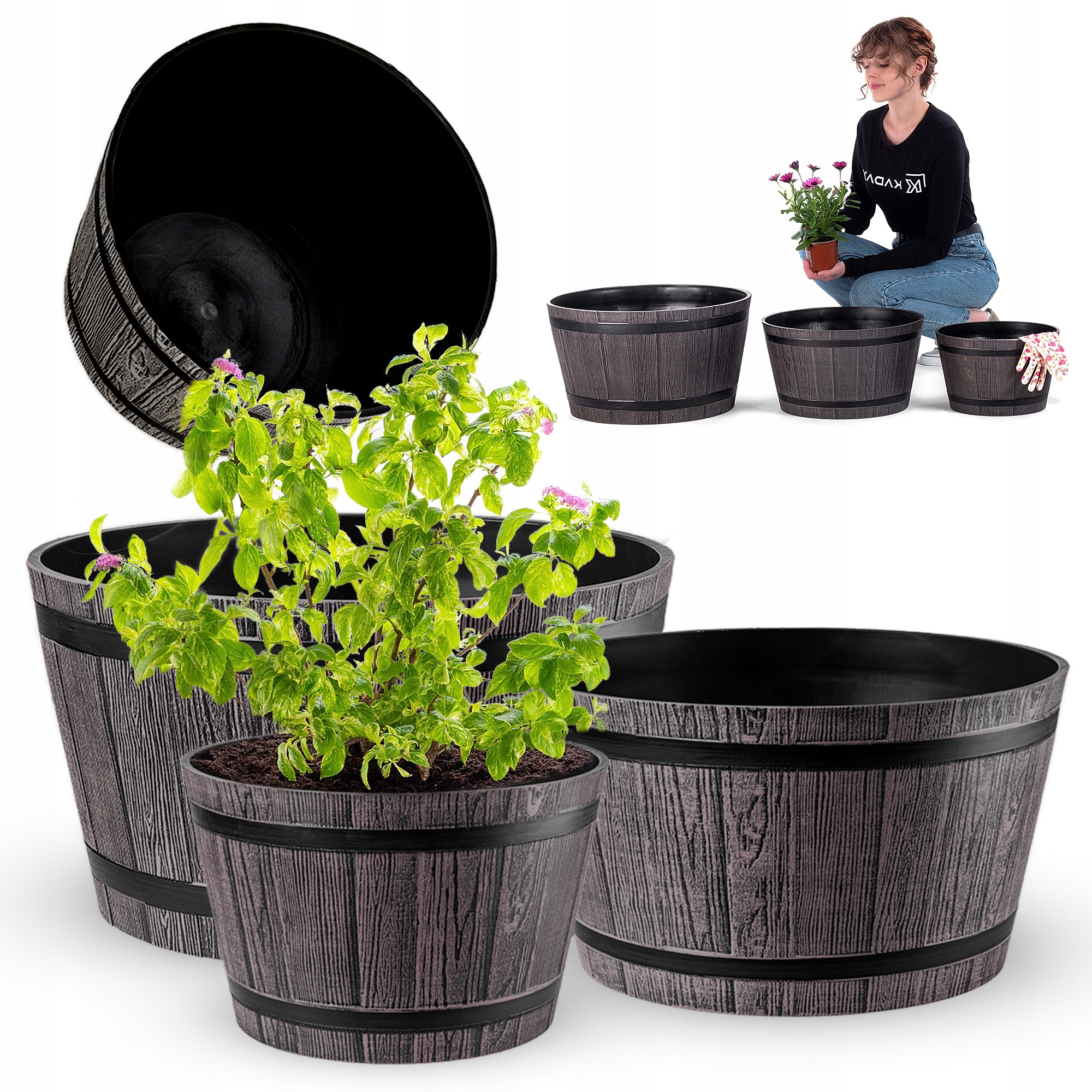 Set 3 ks Květináč Obal Zahradní Květináč 30+40+50 cm Šedý