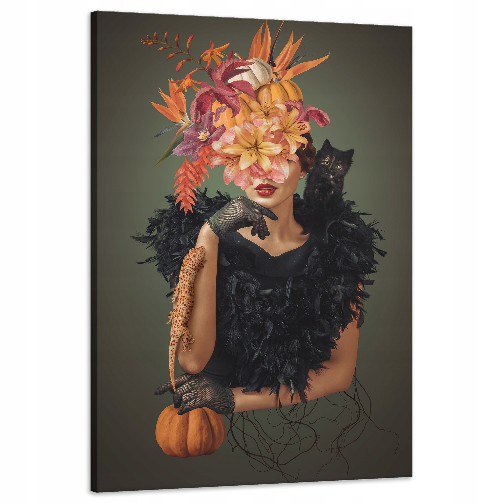 Obraz na plátně Dáma s kočkou Květiny Černá 60x90 cm Ideální jako dárek