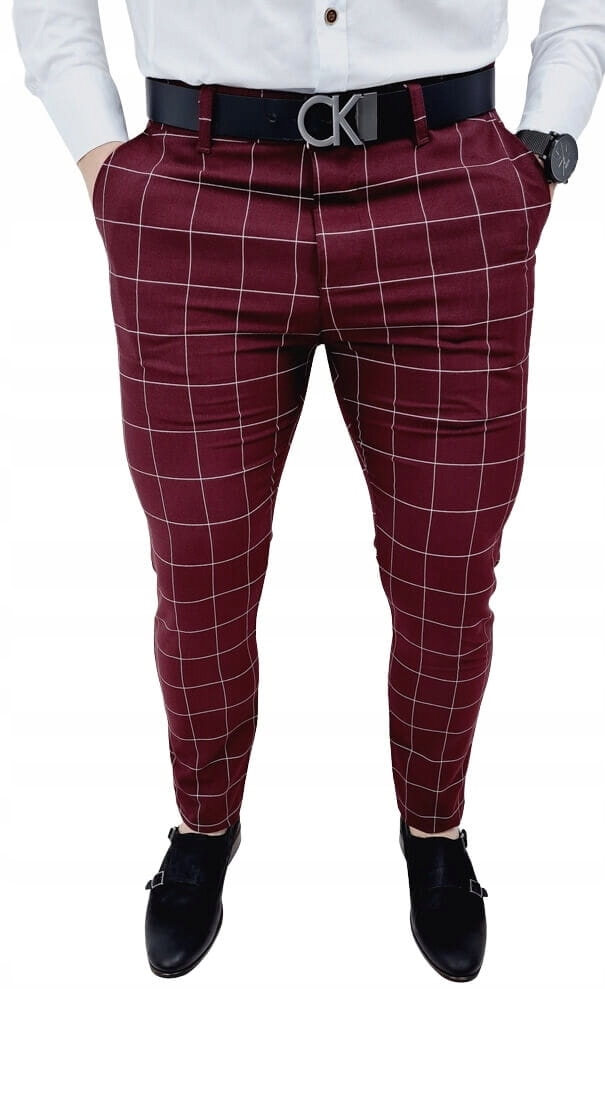 

Bordowe spodnie chino w biala krate slim 1756 33
