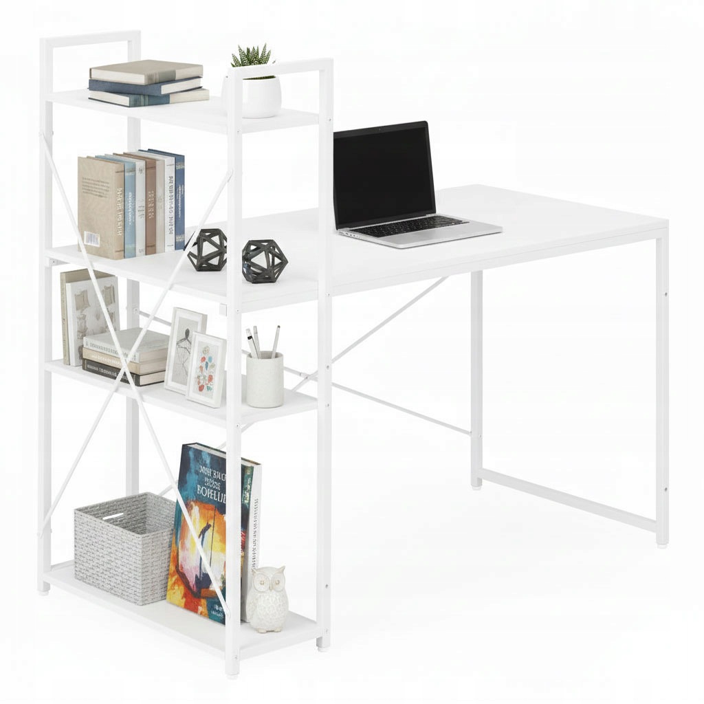 Školní počítačový stůl 120 x 60 cm, regál se 3 policemi, bílý ModernHome