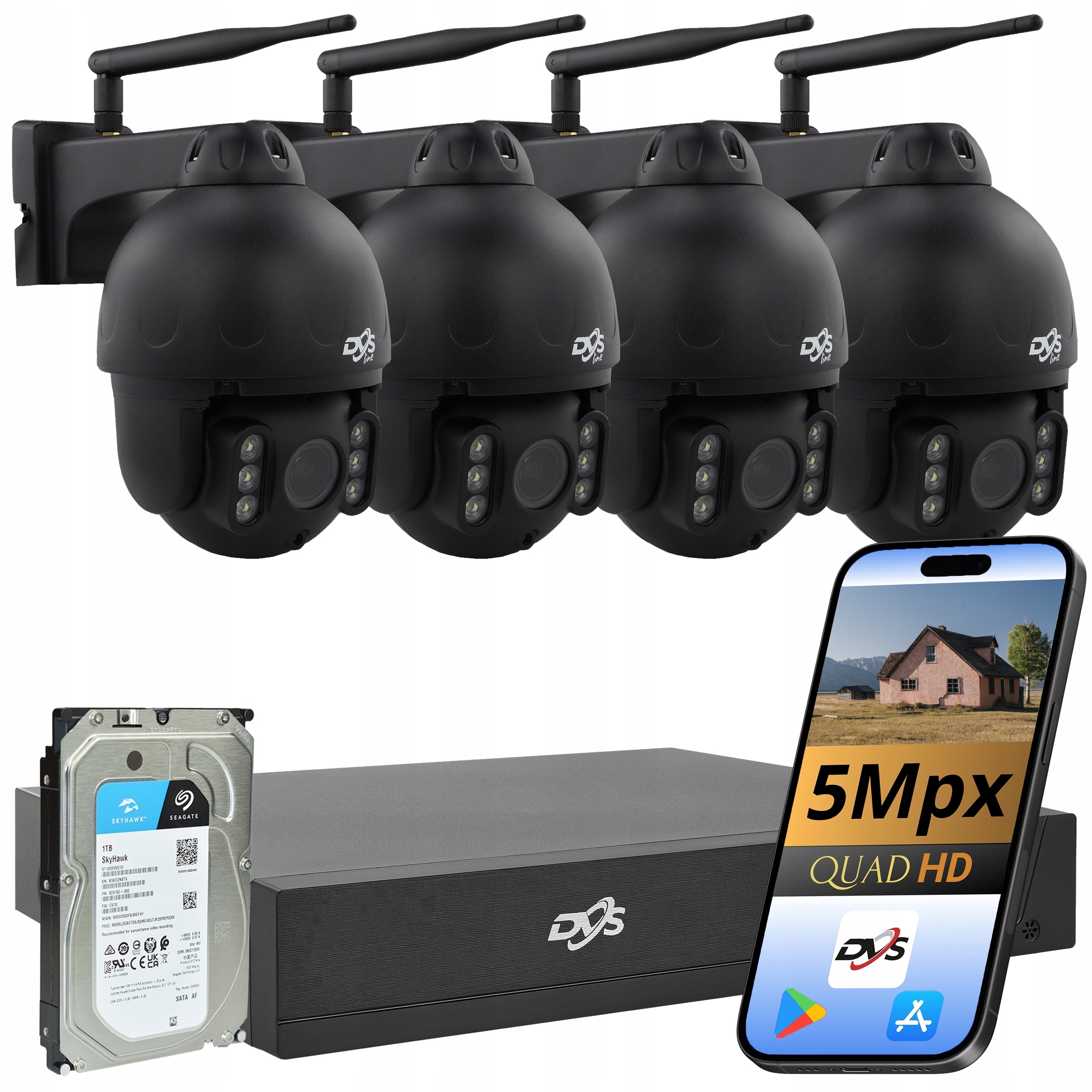 Sada 4 Wifi Kamer Bezdrátové Otočné Černé Venkovní 5Mpx Disk 1TB