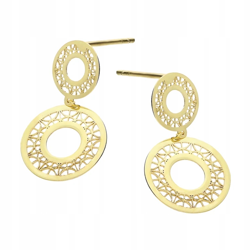 dětské náušnice ze zlata 585, závěsné, dvě prolamovaná kolečka, dárek 1.24