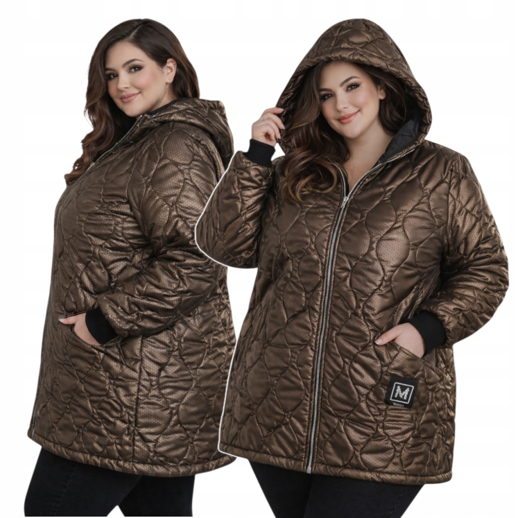 Kurtka Damska Pikowana Brązowa Kaptur Zamek Lekka Przejściowa 56 58 8XL 9XL