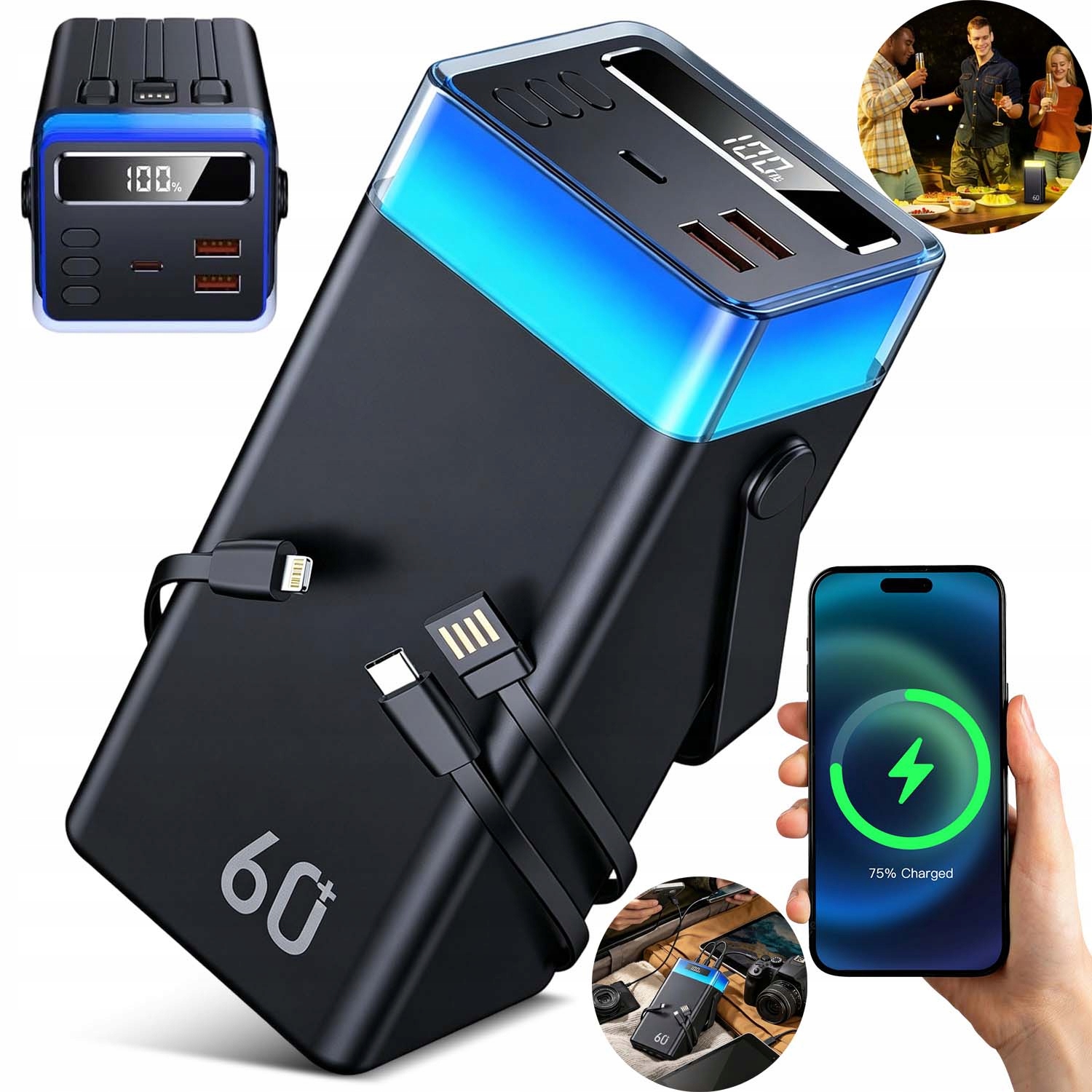 Powerbank 60000MAH 22,5W Fast Charge Pd Wbudowane Kable Usb-c Lightning