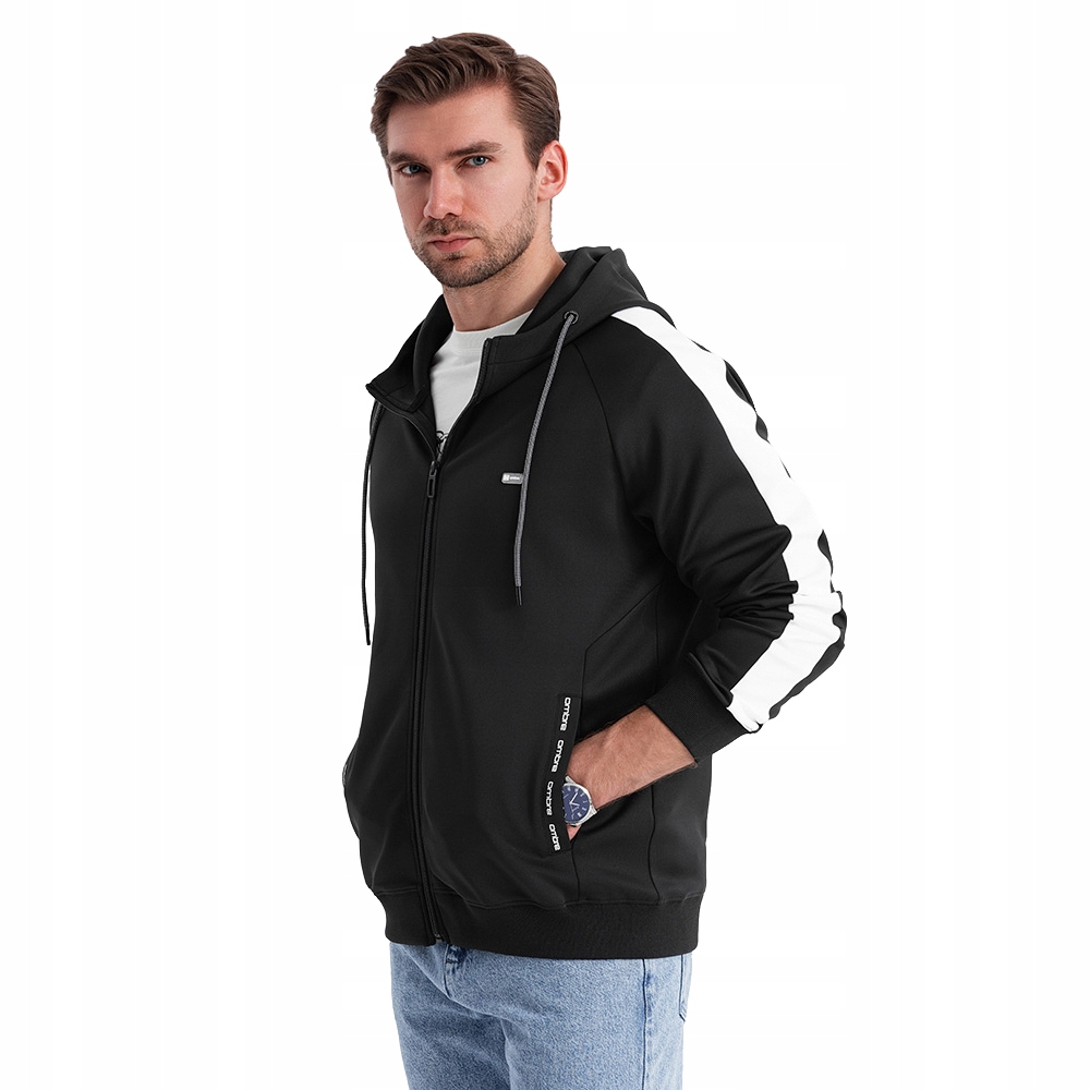 Pánská rozepínací mikina s kapucí a lampasy černá OM-SSZP-0210 V1 vel. M