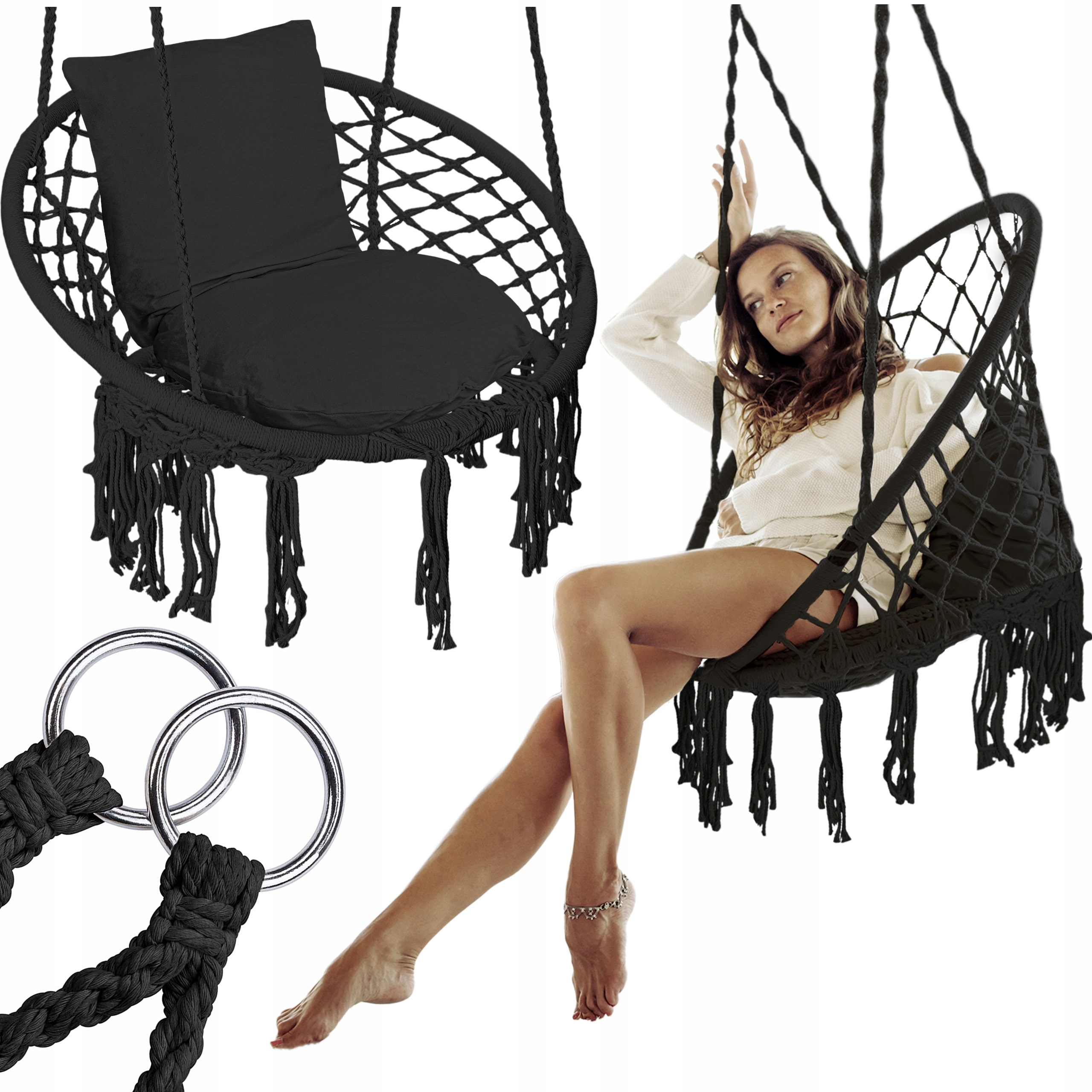 FOTEL WISZĄCY HUŚTAWKA OGRODOWA BOCIANIE GNIAZDO PLECIONA Z PODUSZKĄ CZARNA