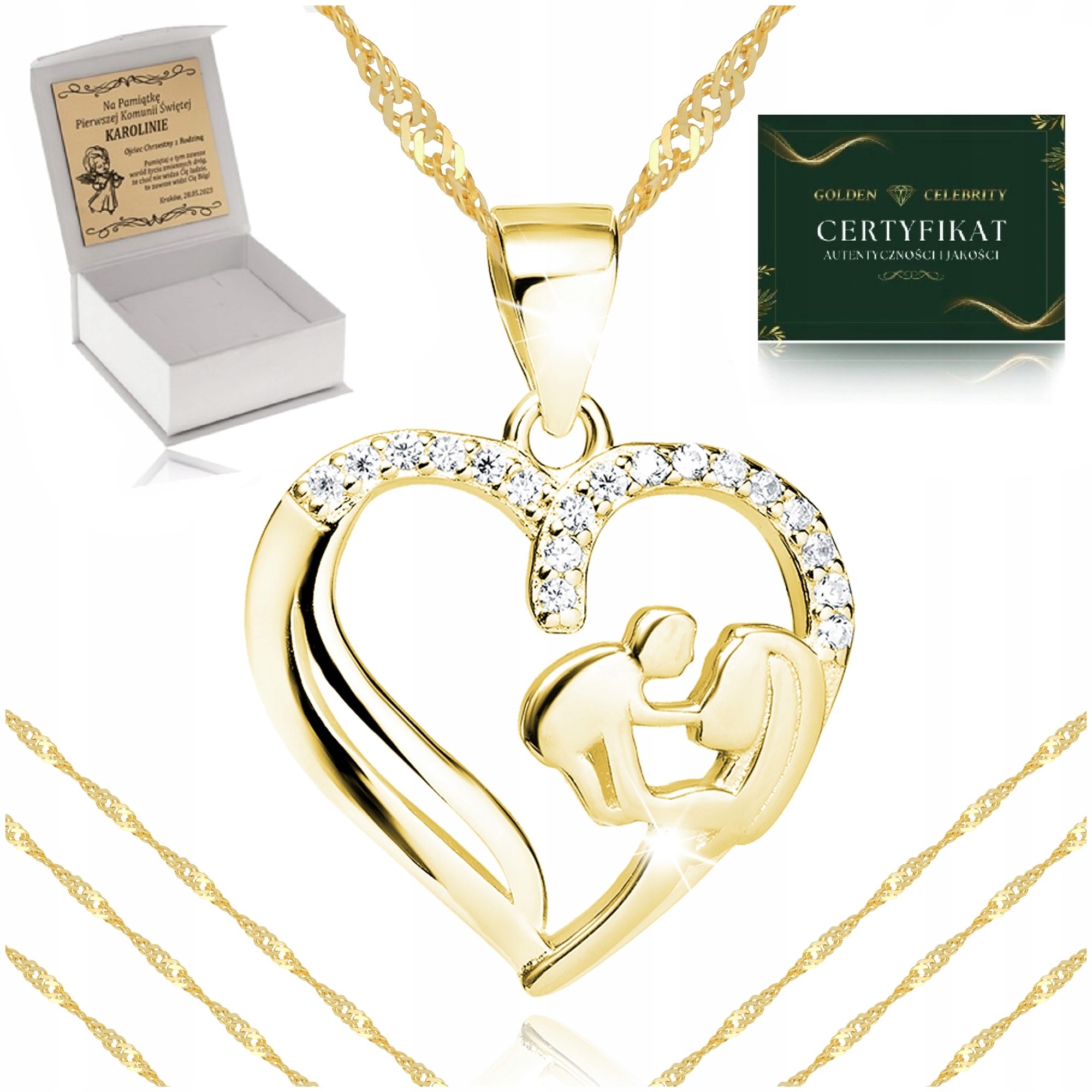 ZŁOTY ŁAŃCUSZEK+MEDALIK 925/585 PREZENT DLA DZIEWCZYNKI NA KOMUNIĘ + GRAWER