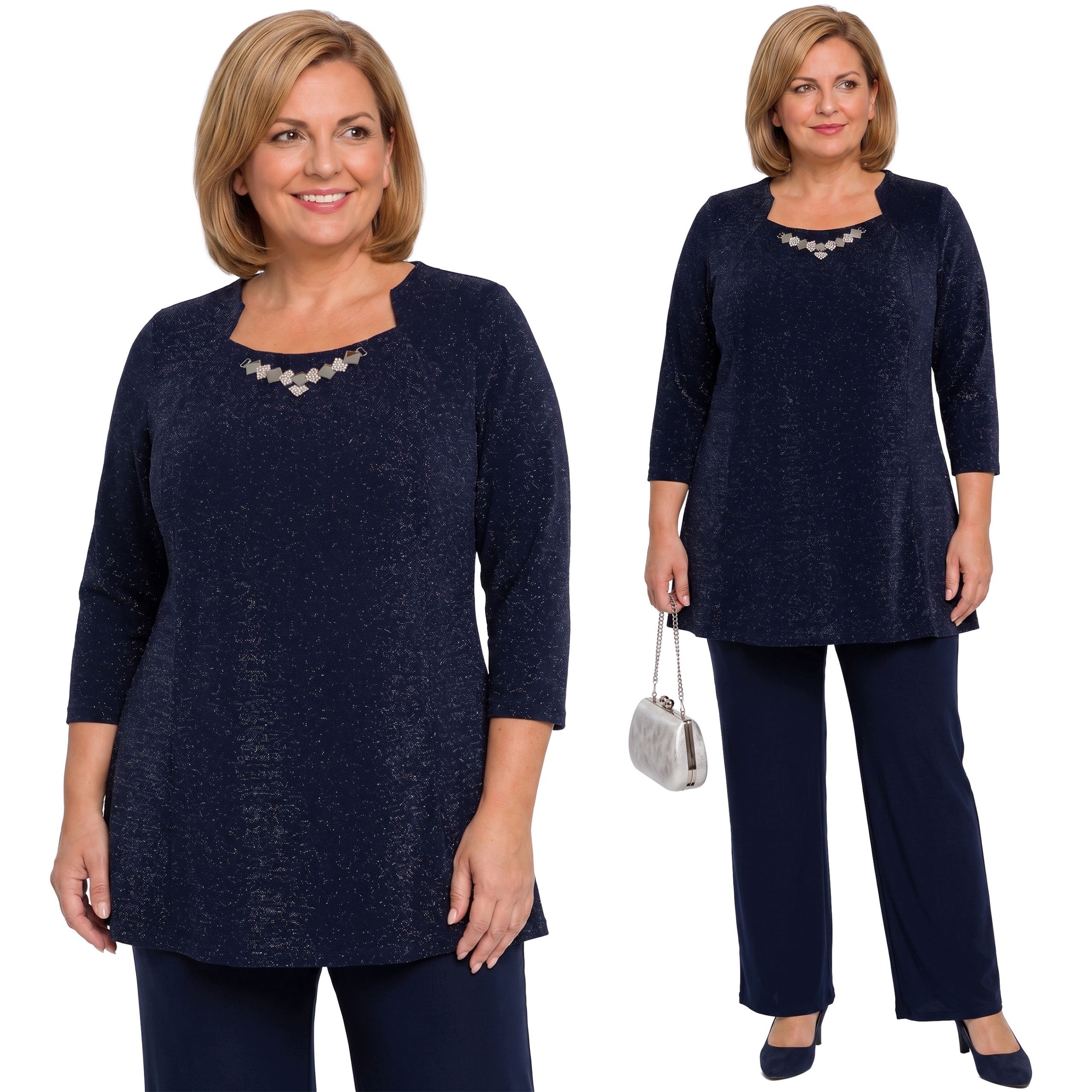 Tmavě modrá tunika s ozdobou u výstřihu plus size velikost 56