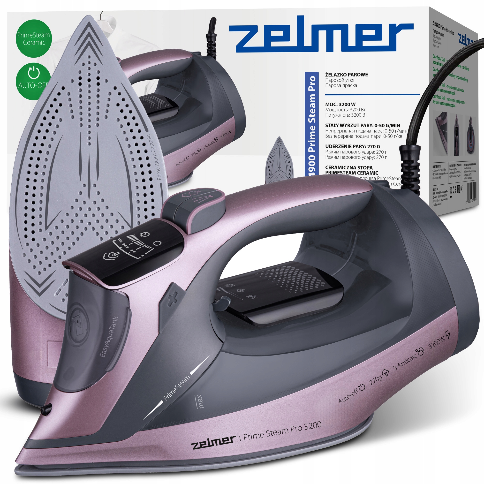 Żelazko Parowe Zelmer Ceramiczne Anticalc 270G/MIN Auto-off 350ML 3200W