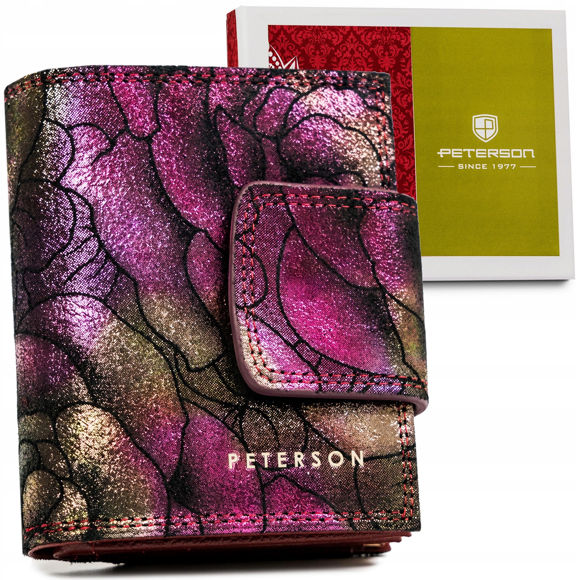 Portfel damski skórzany Rfid Stop z zapinką Peterson wzór róże