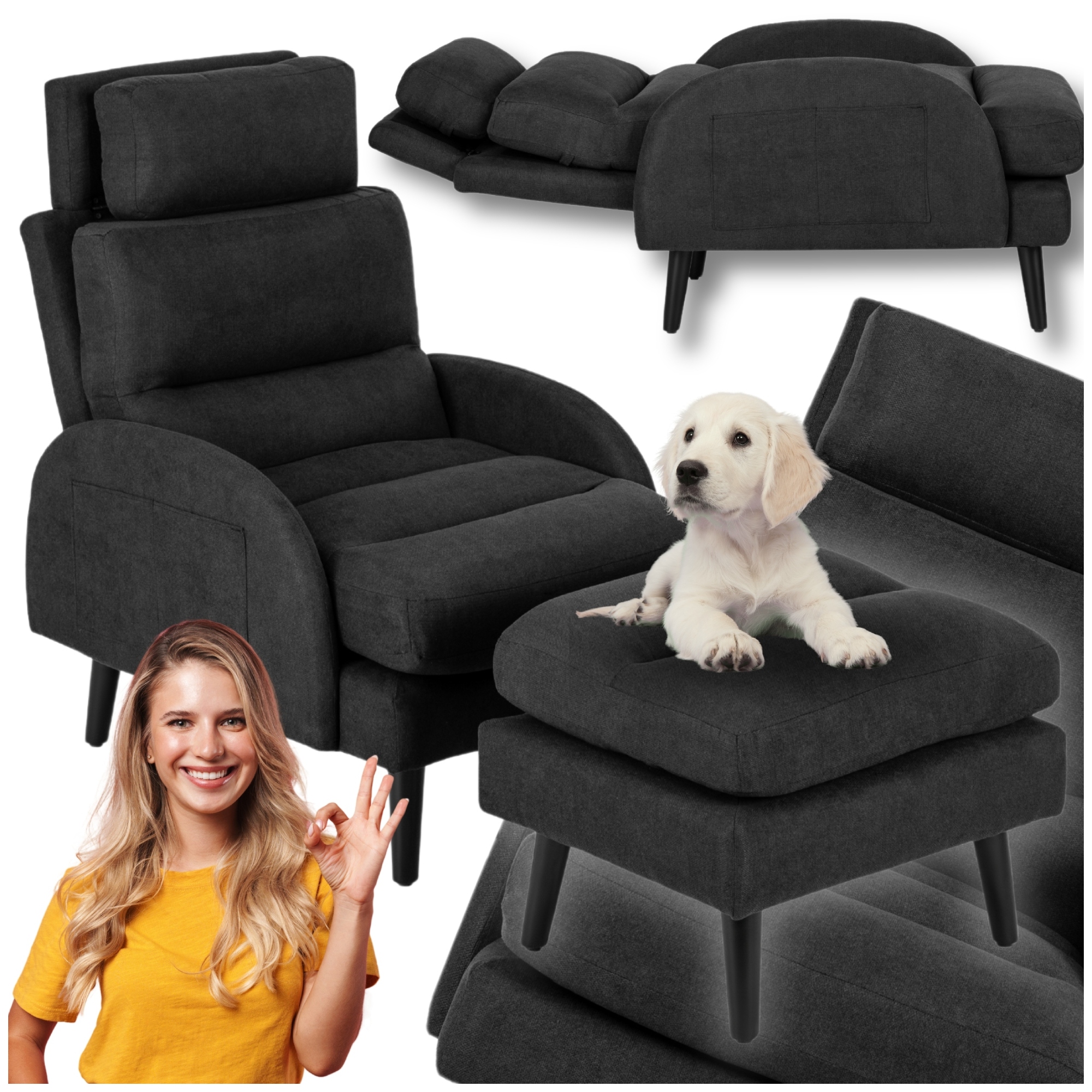 Rozkládací křeslo s podnožkou pro spaní, pohodlné, černé Henry