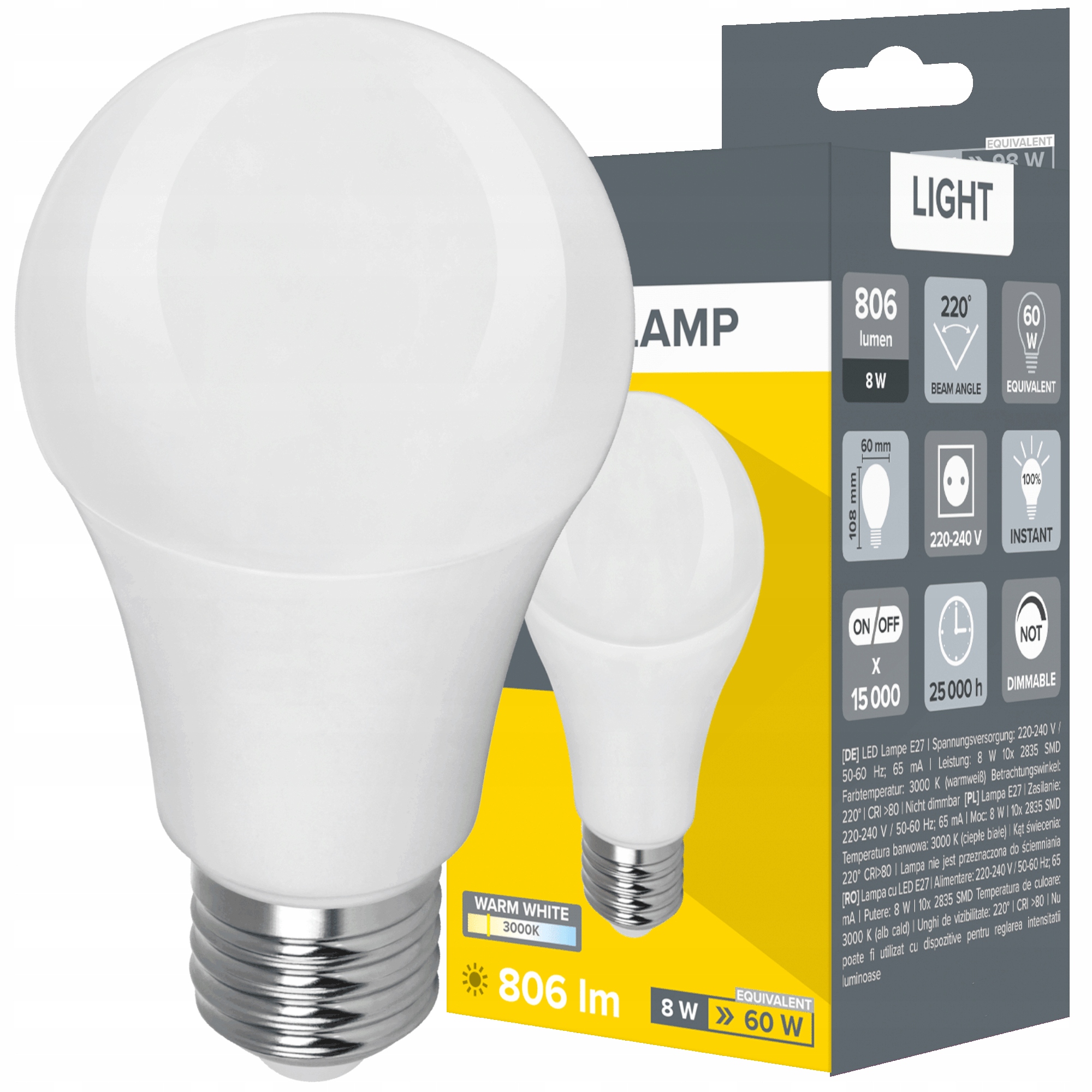 

Żarówka Led E27 A60 8W 60W 806LM 3000K Ciepła