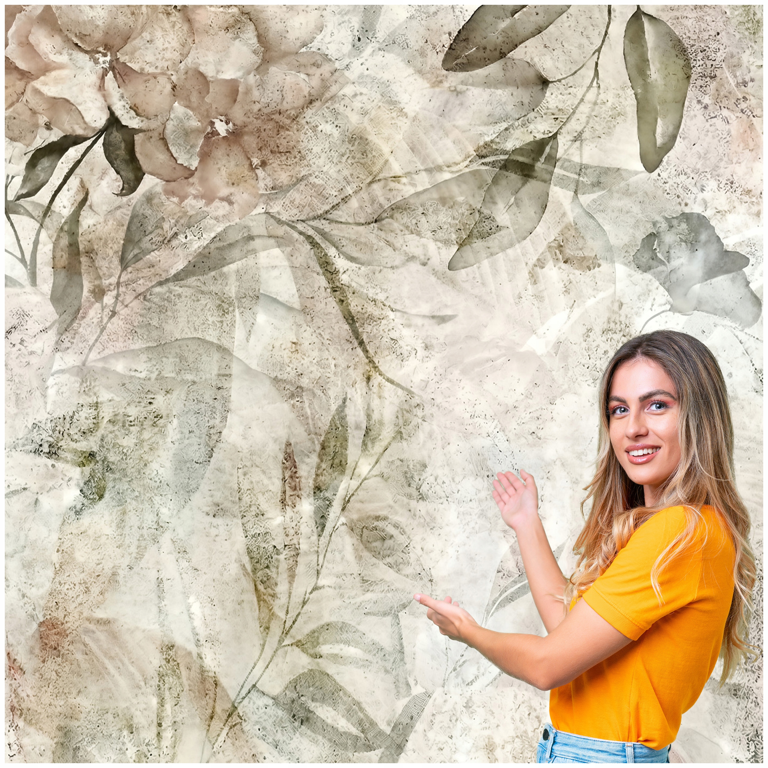 Fototapeta 3D Obývacia Izba Spálňa Boho Tráva Listy Beton Loft 490x280 BKLB08W