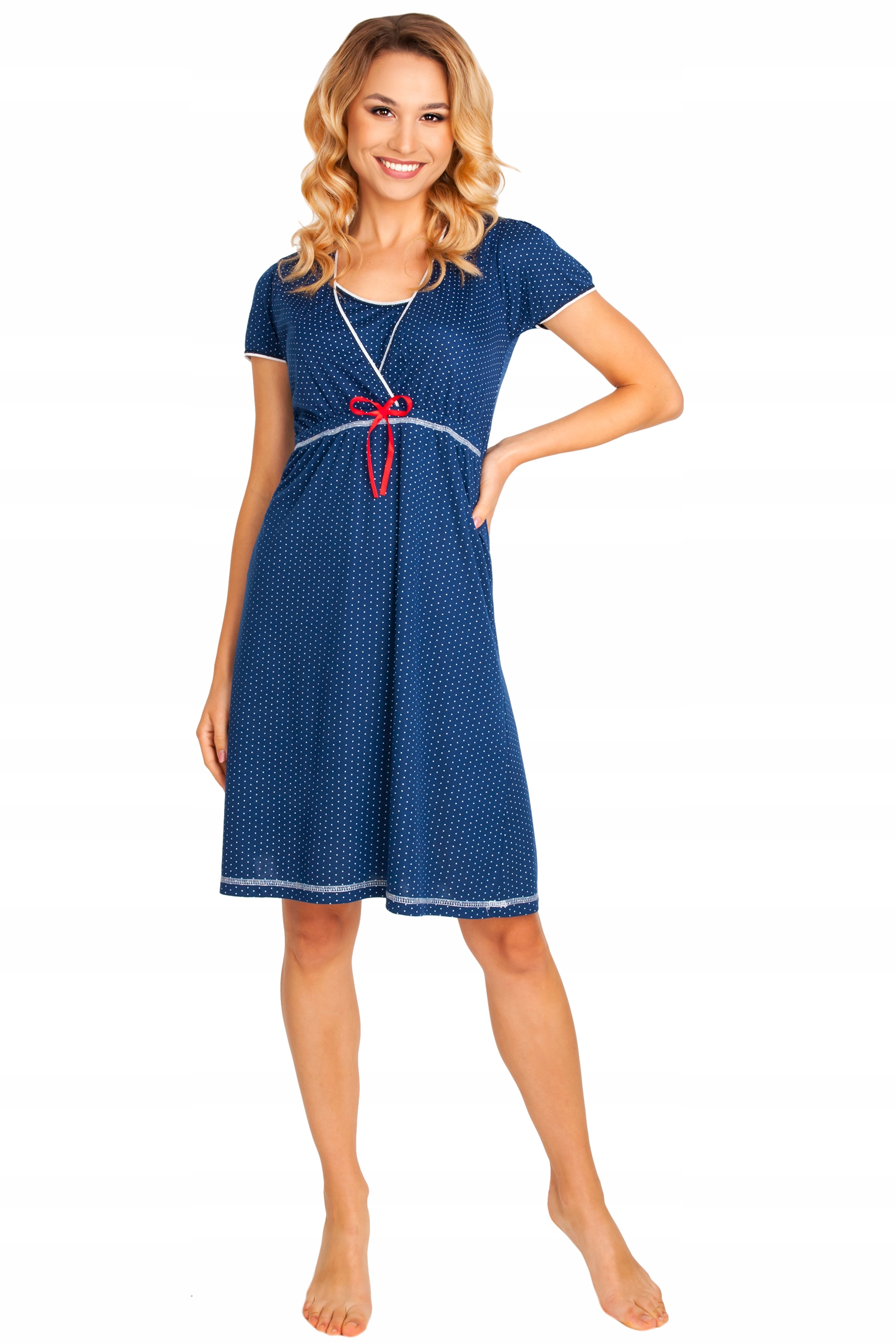 BAWEŁNIANA KOSZULA NOCNA DO KARMIENIA PORODU SZPITALA GRANATOWA W GROSZKI S Rozmiar S