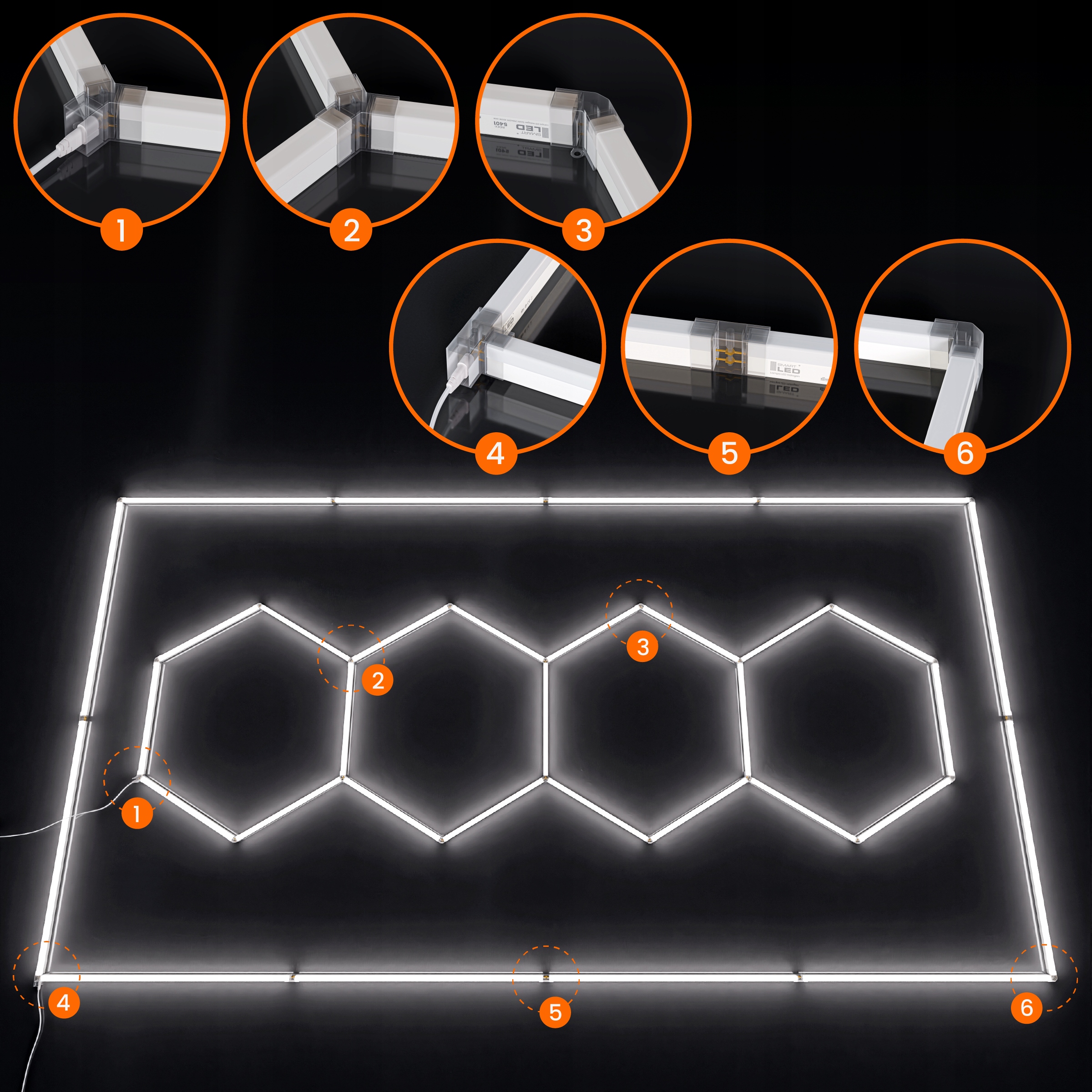 LED sešstūra griestu paneļa apgaismojums garāžas darbnīcai 484 x 243 cm Energoefektivitātes klase E