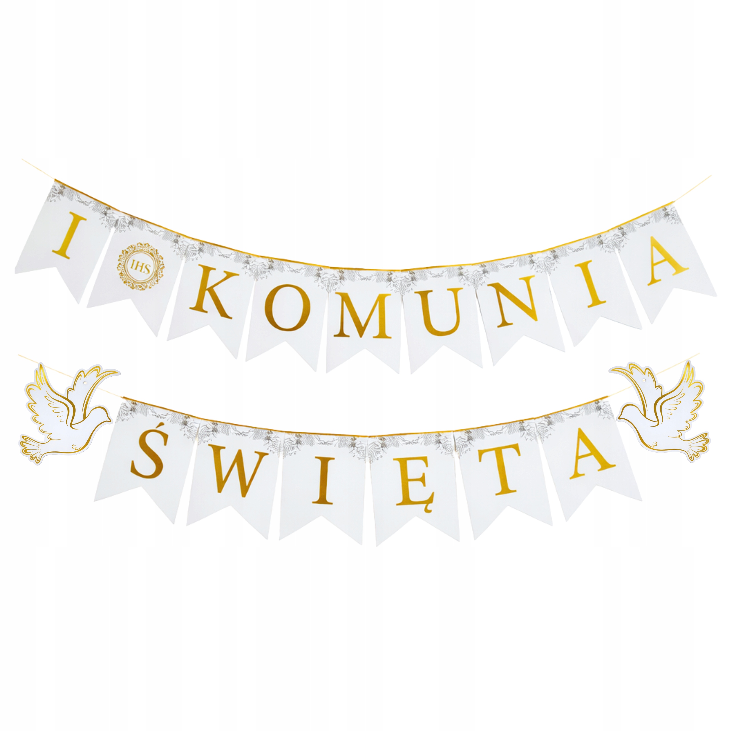 BANER NAPIS GIRLANDA PIERWSZA KOMUNIA ŚWIĘTA ZŁOTY NADRUK BIAŁE RÓŻE 250cm
