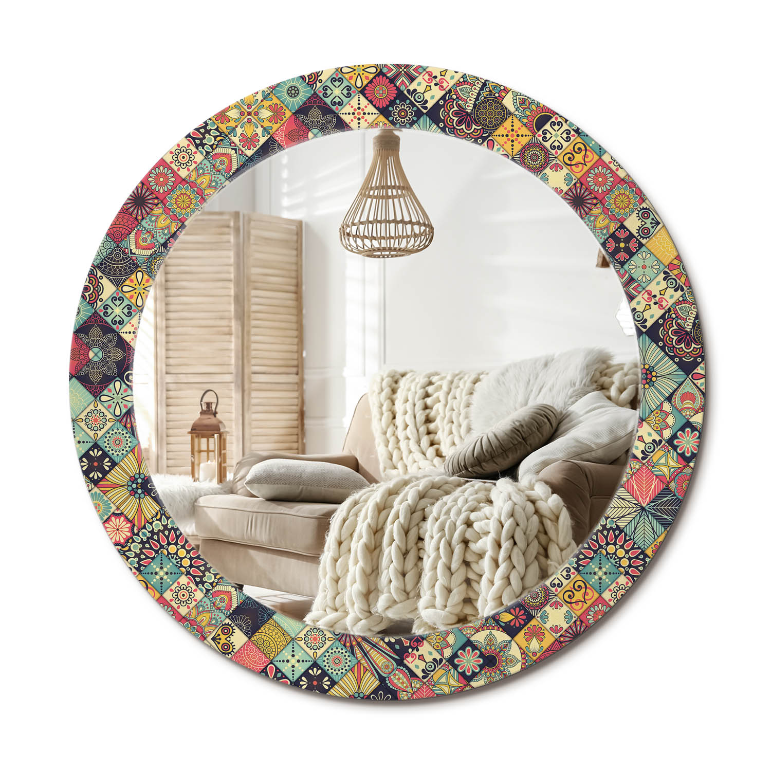 Nástenné zrkadlo zdobené grafikou na skle Patchwork dlaždice Priemer 70 cm