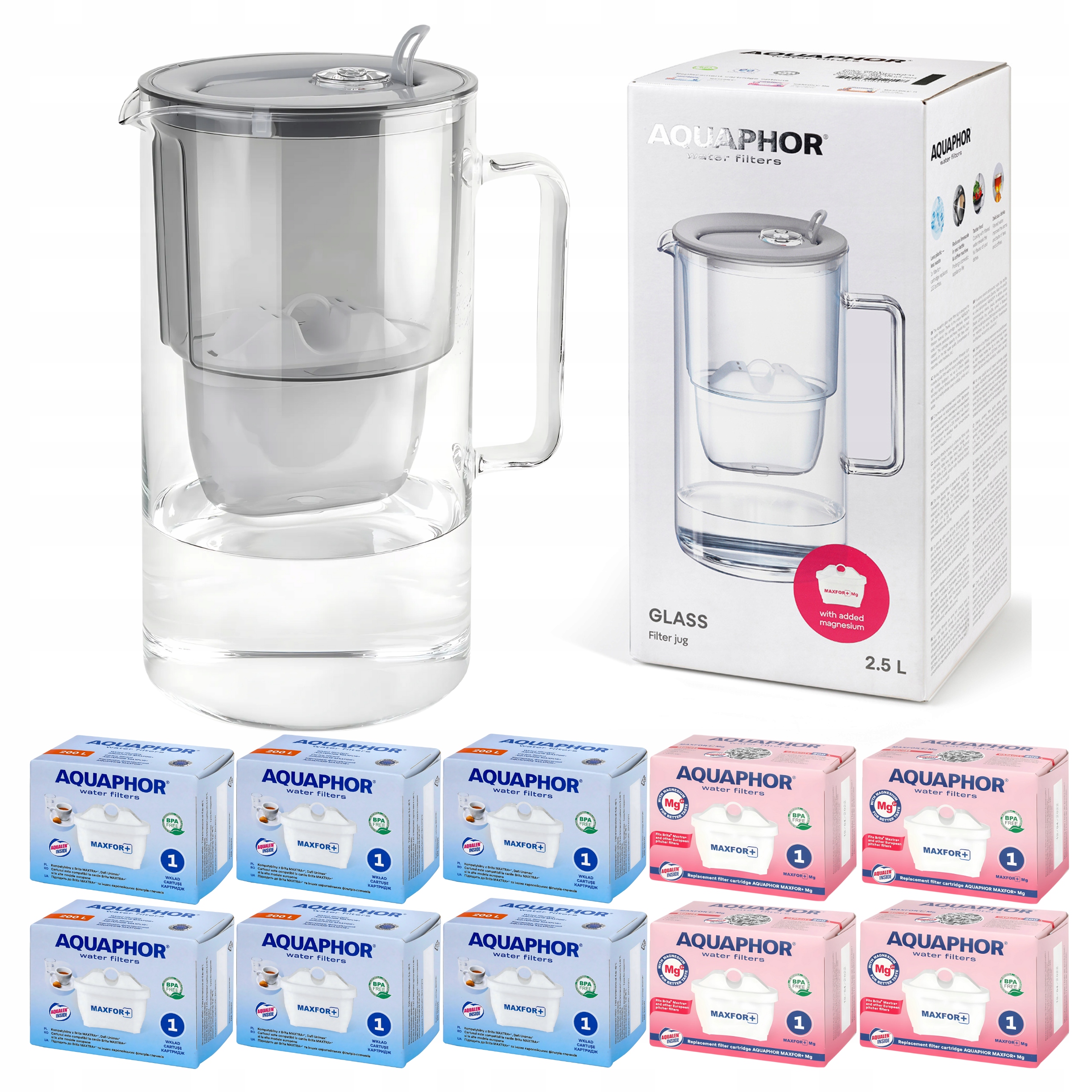 Dzbanek filtrujący szklany Aquaphor Glass Szary 10 Wkładów Filtry Maxfor