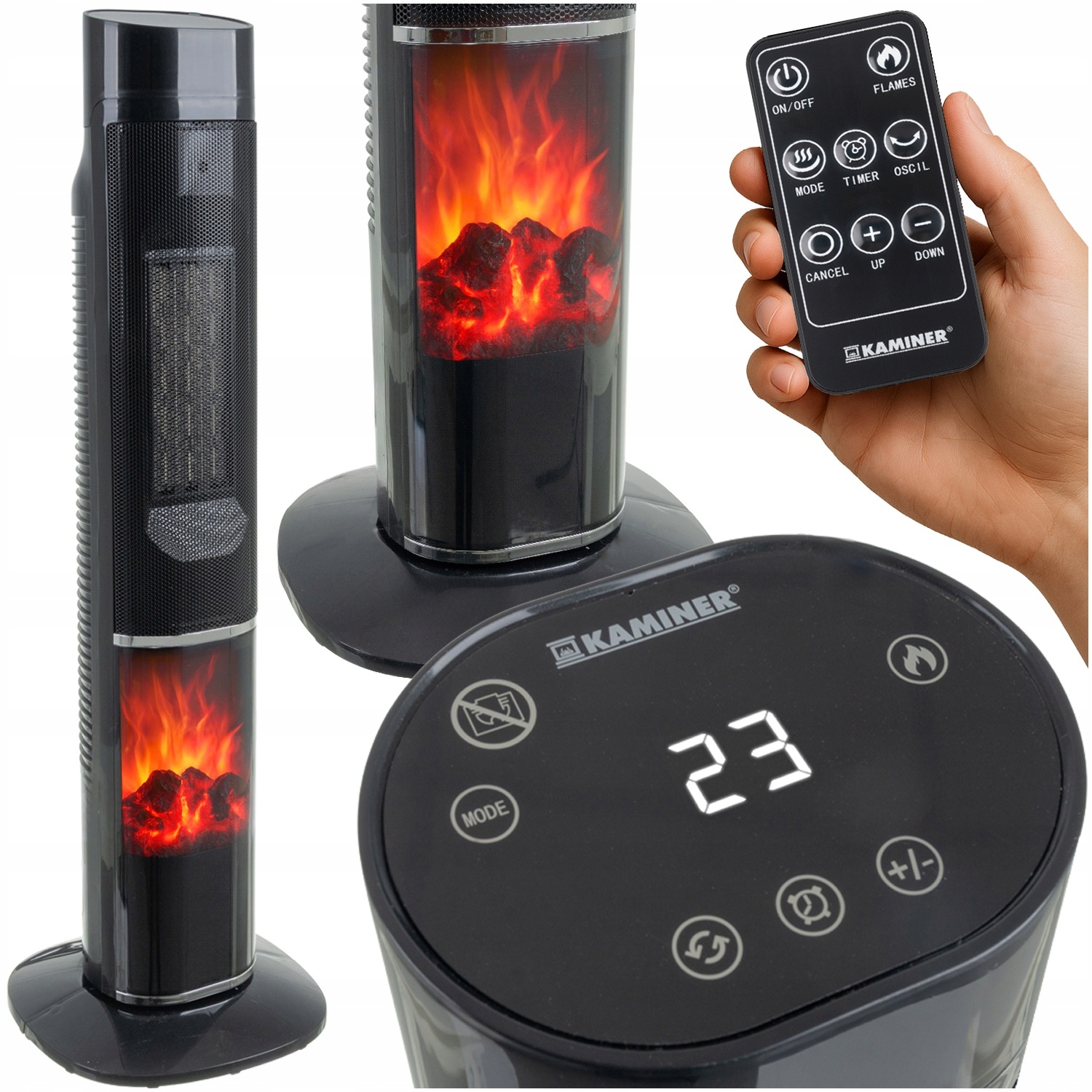 Elektrický sloupový termoventilátor s krbem Pilot 2000W Led