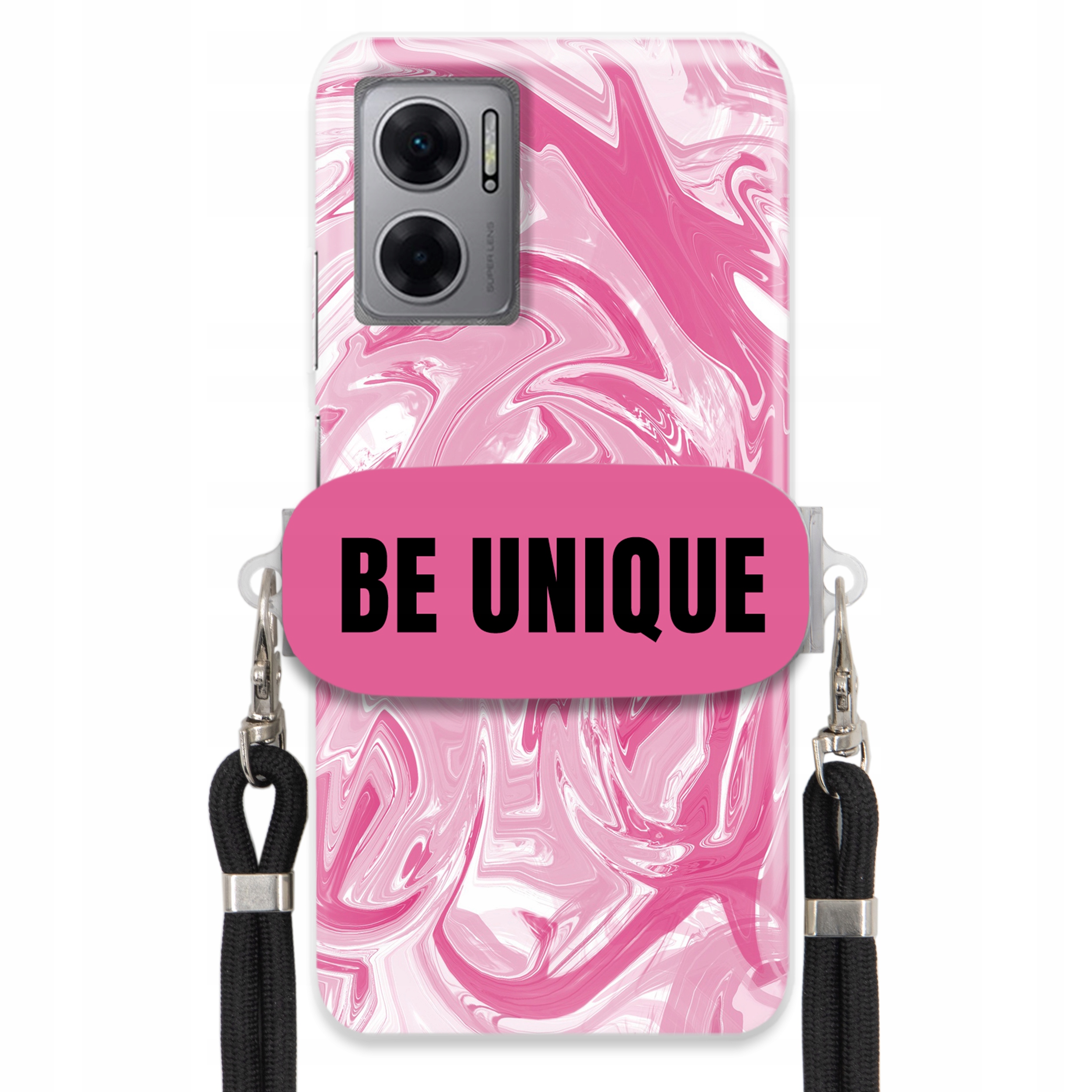 Puzdro pre Xiaomi Redmi 10 5G Case držiak na šnúrku Čierna ružová Mramor Unique