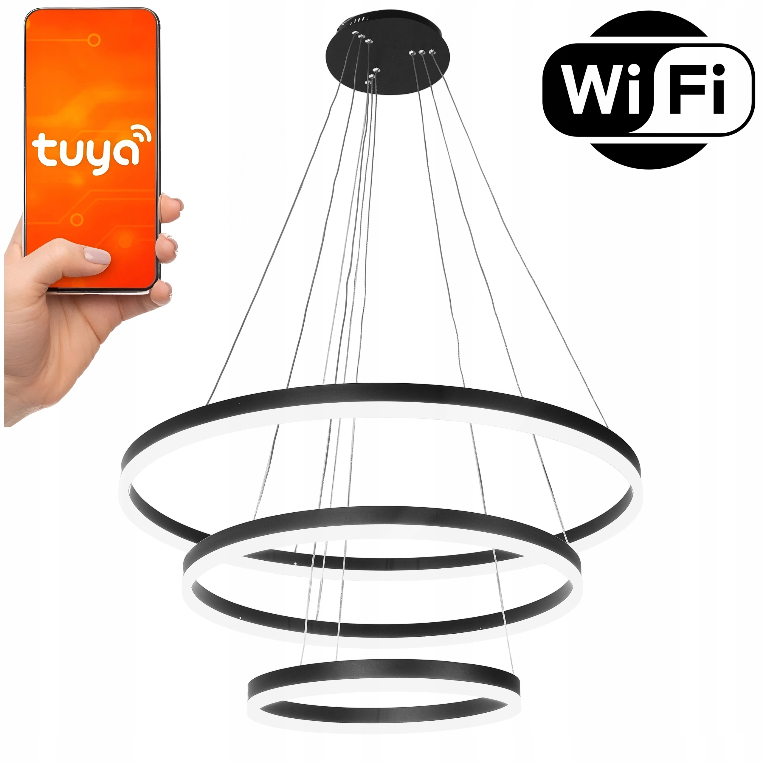 Lampa Wisząca Ringi Led Sufitowa Czarna Okręgi Barwy Aplikacja Tuya WiFi