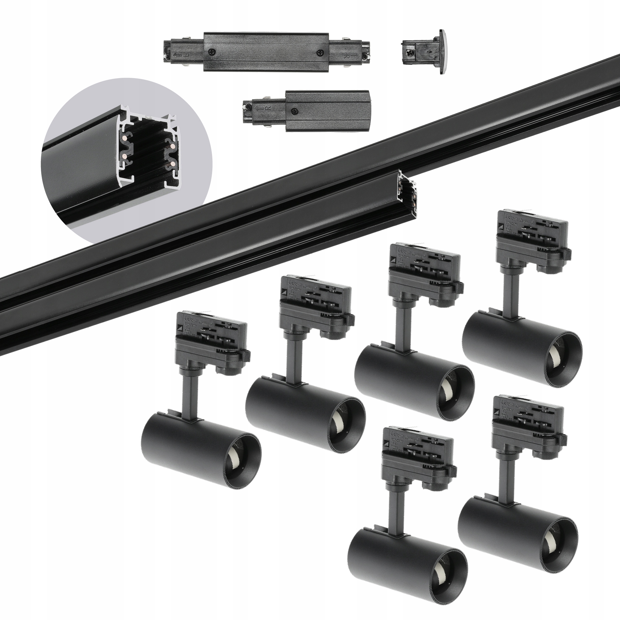 3fázové kolejnicové osvětlení 1m+2m, 6x lampa, jednoduchý spojovací prvek Černý