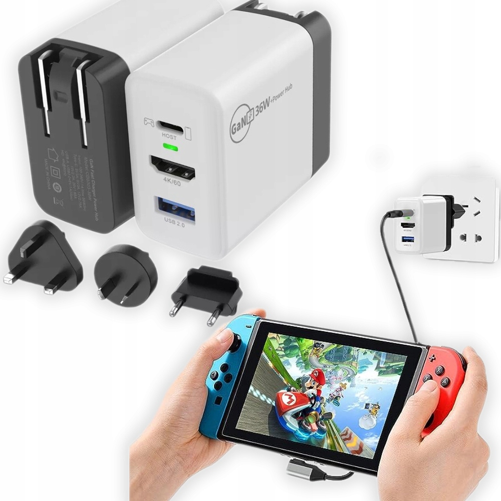 Rychlá nabíječka pro telefon Gan 36W Dokovací stanice Hub 3v1 Hdmi 4K @60